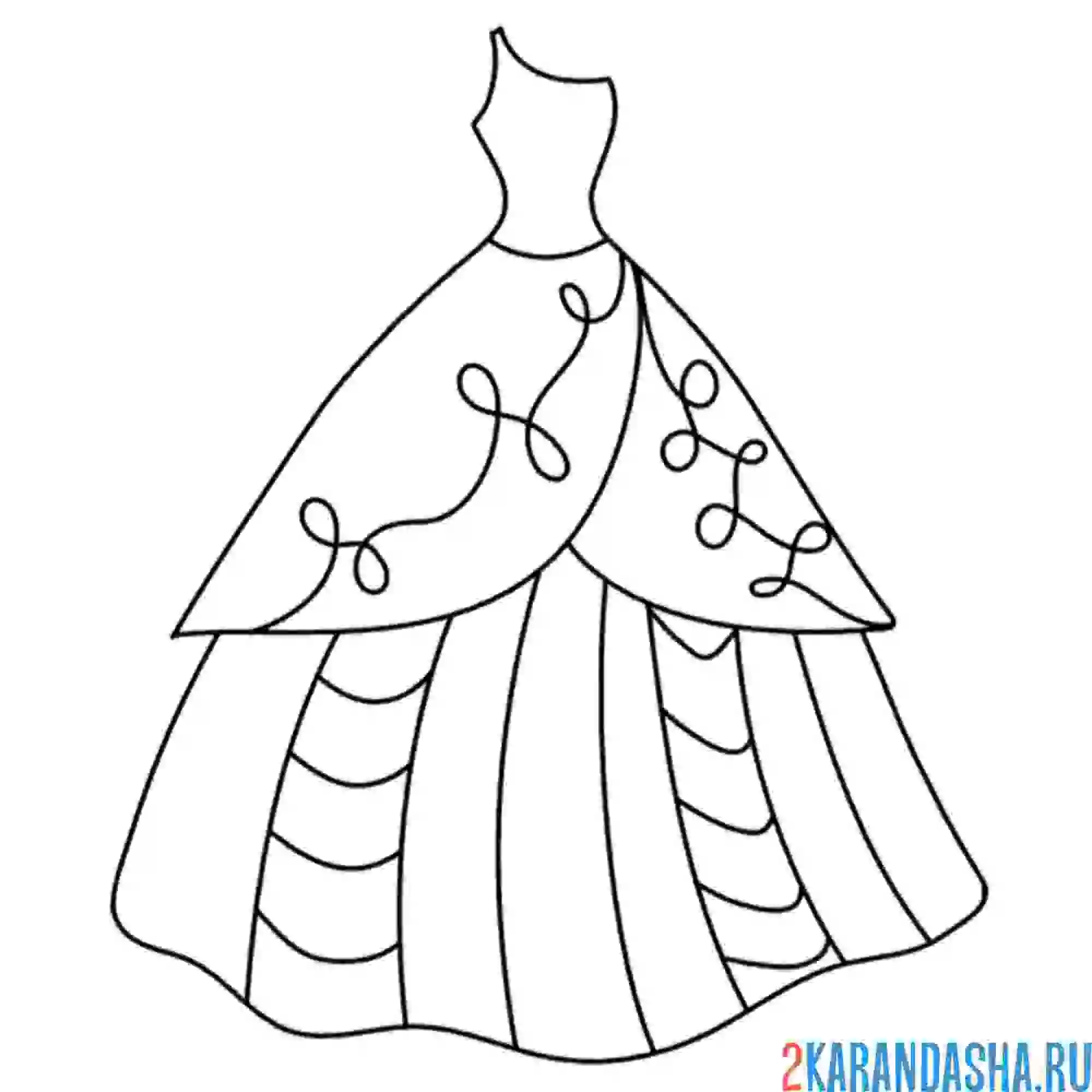Раскраска длинное платье через плечео