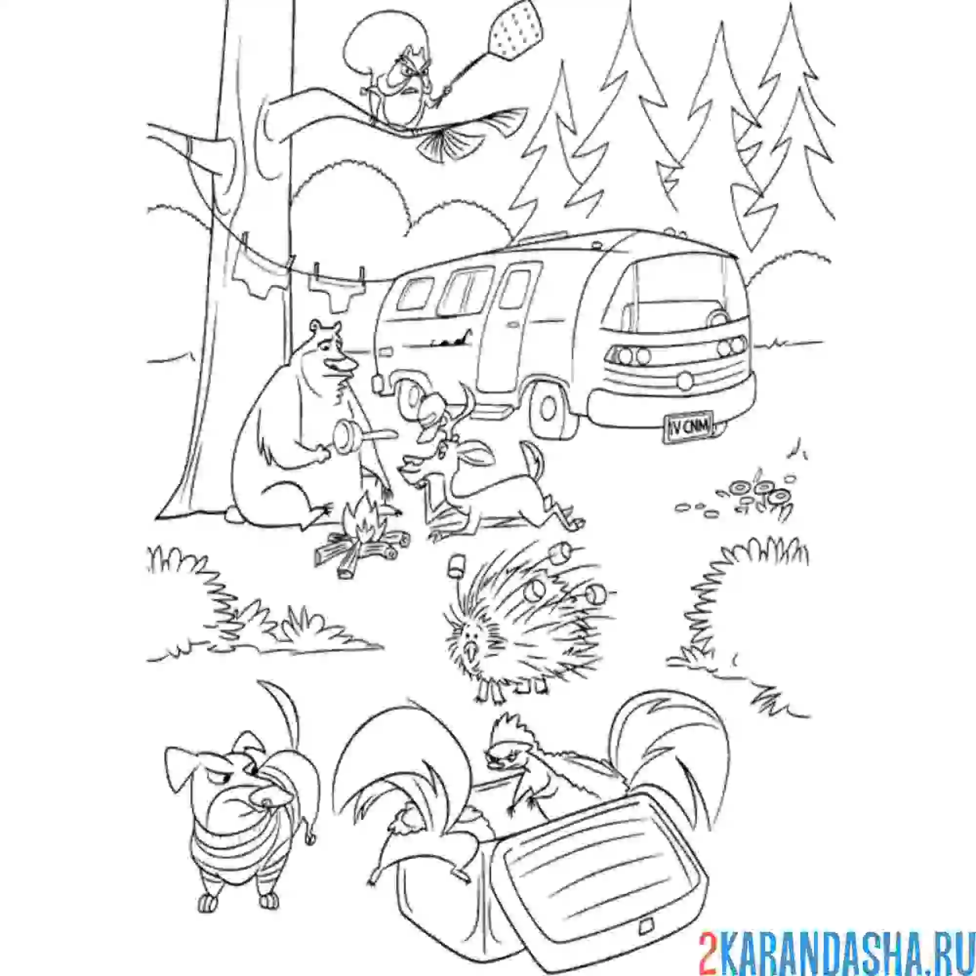 Раскраска смешные животные в лесу
