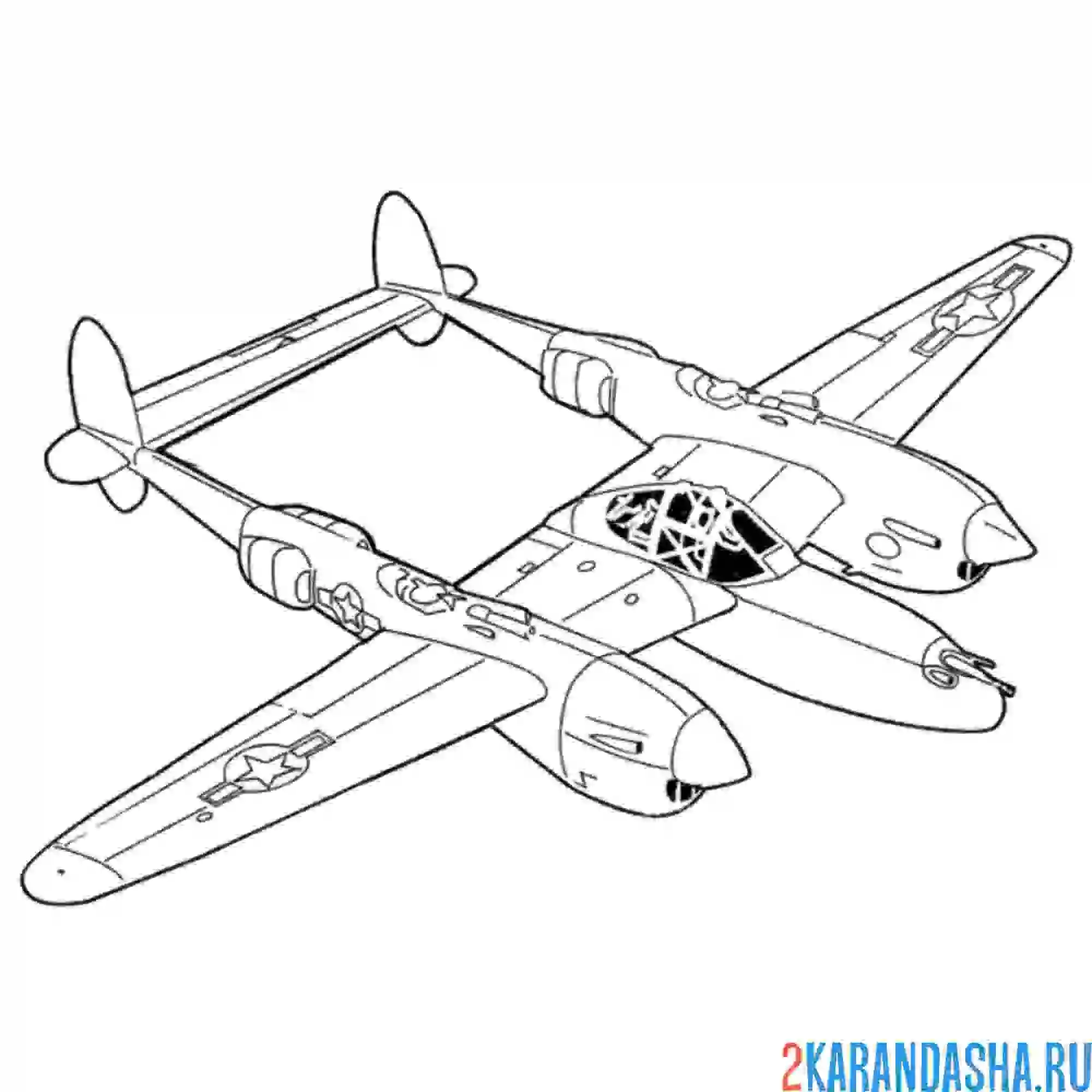 Раскраска lockheed p-38 lightning американский двухмоторный истребитель