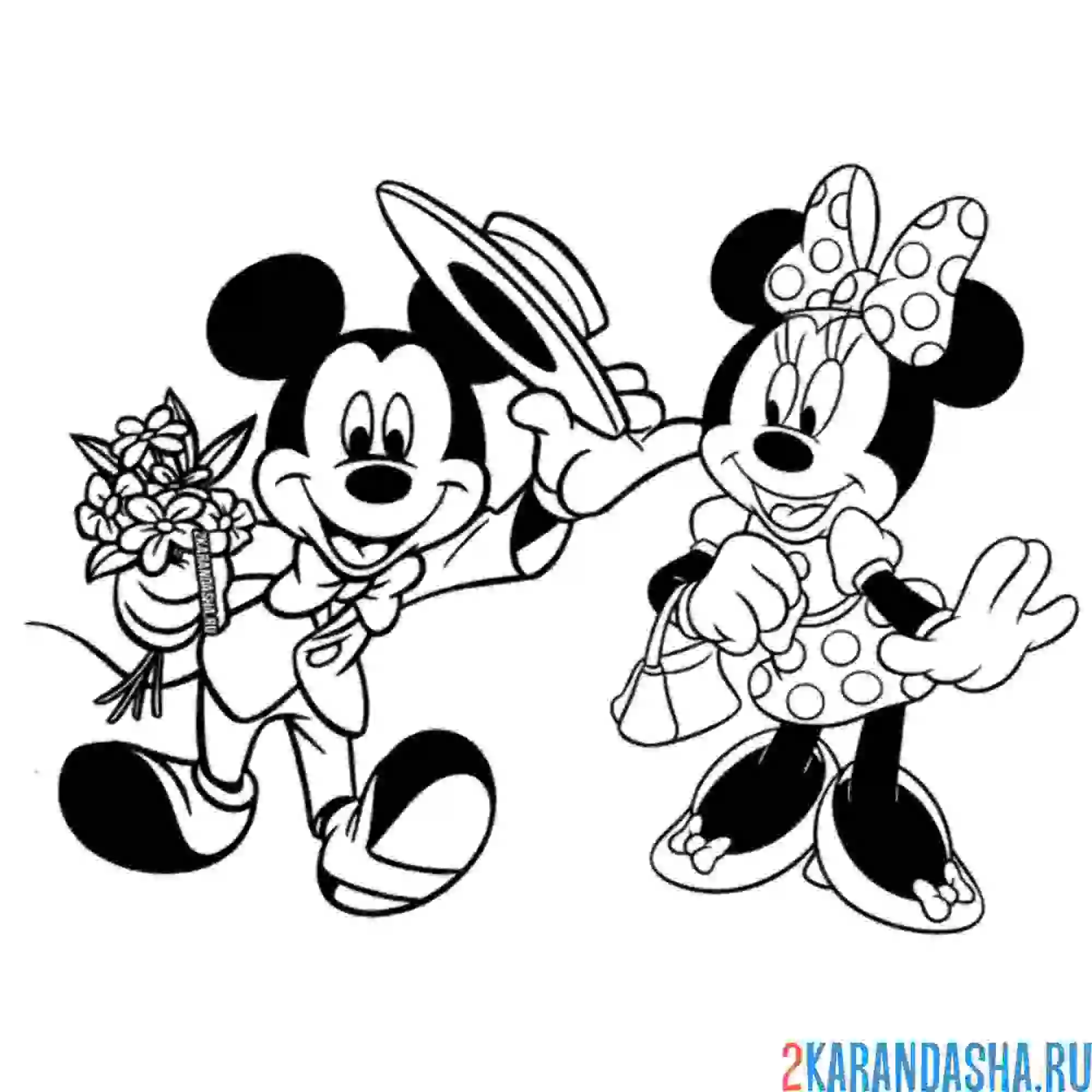 Раскраска микки маус дарит цветы минни