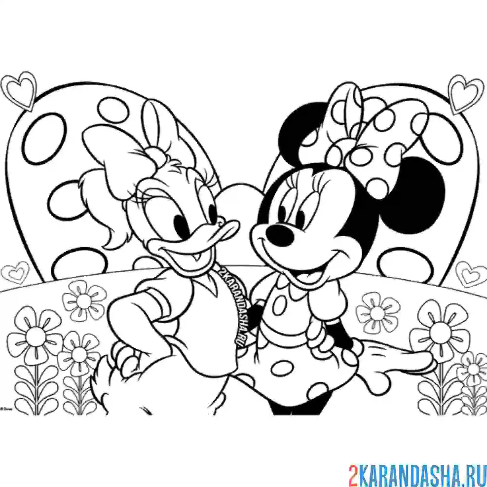 Раскраска минни маус и дейзи дак на природе