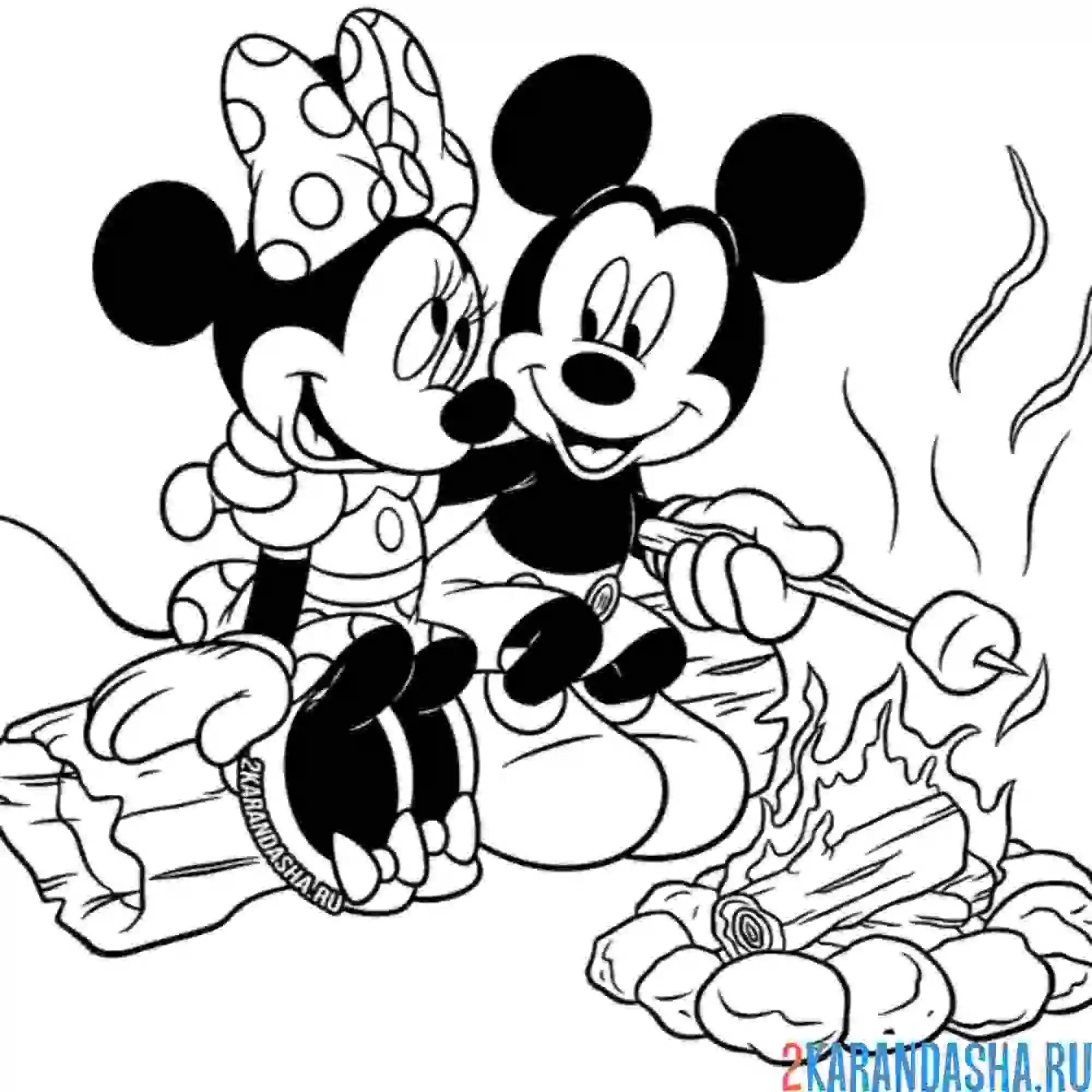 Раскраска минни и микки маус у костра
