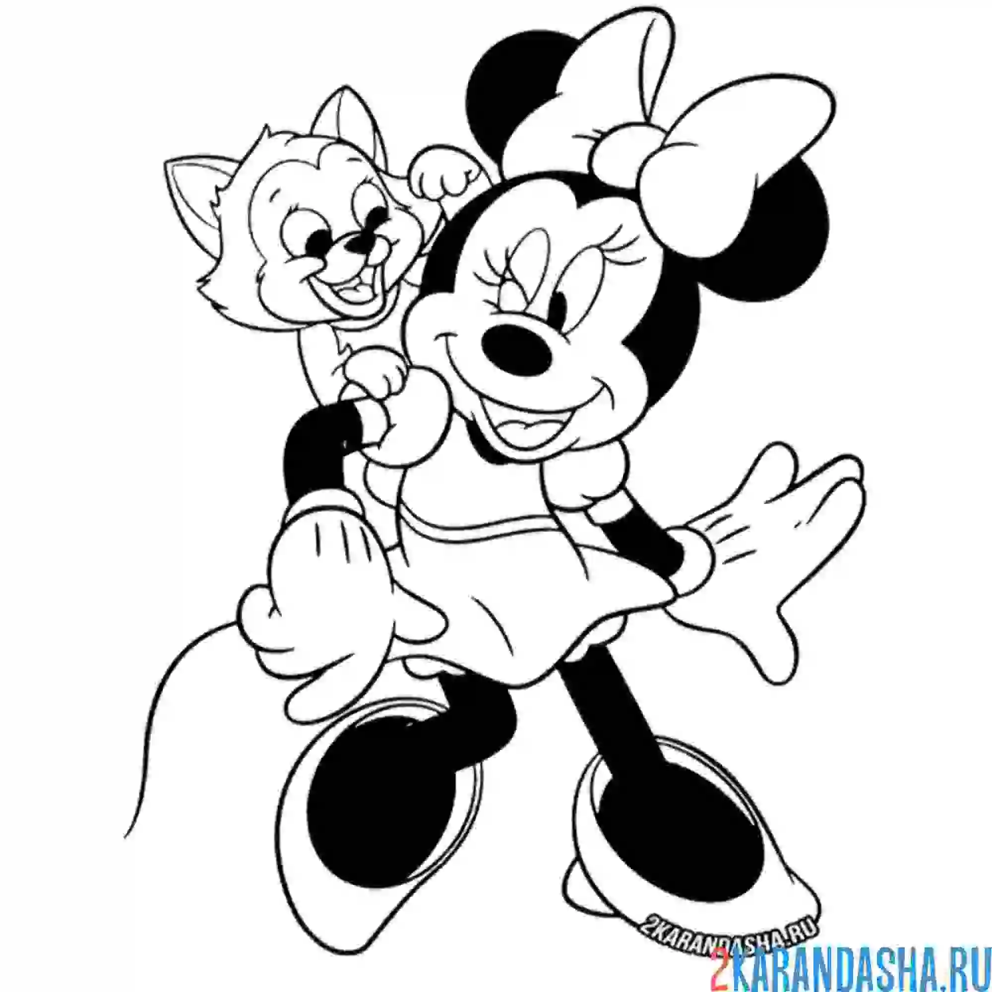 Раскраска минни маус и котенок