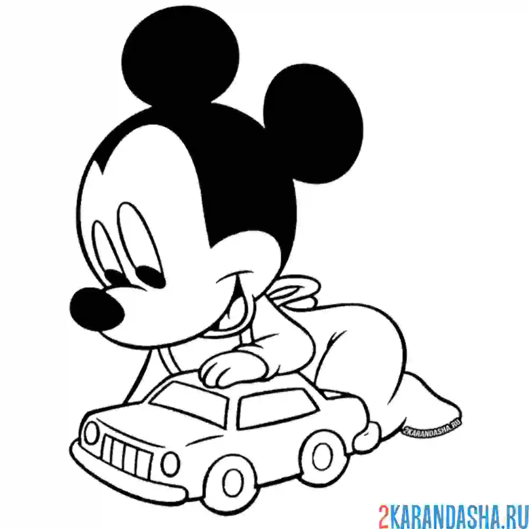 Раскраска микки маус маленький играет в машинку
