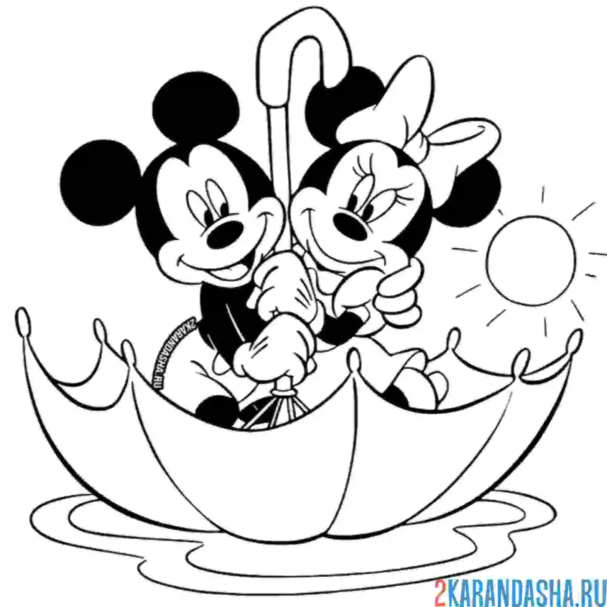 Раскраска микки и минни маус в зонтике