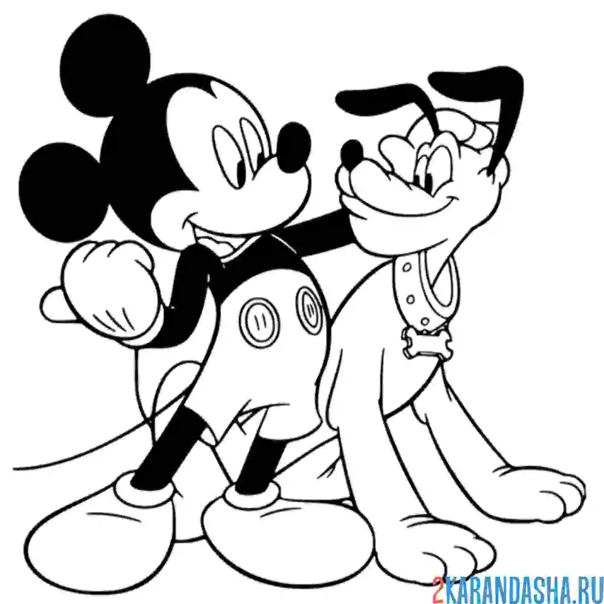 Раскраска микки маус гладит плуто