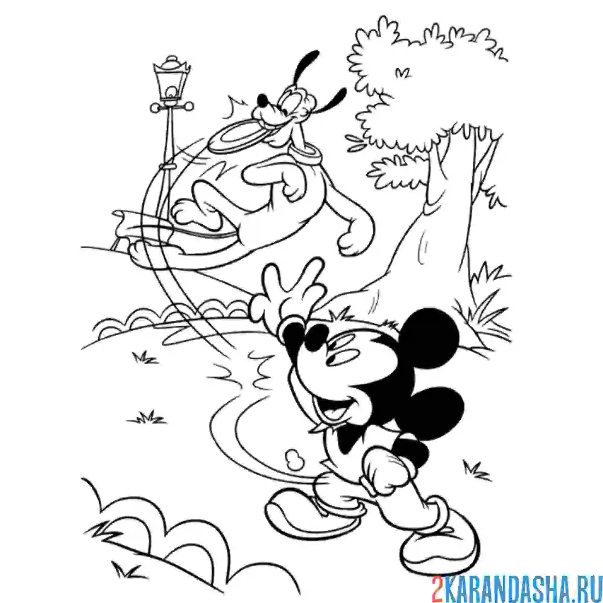 Раскраска микки маус играет в тарелочку с плуто