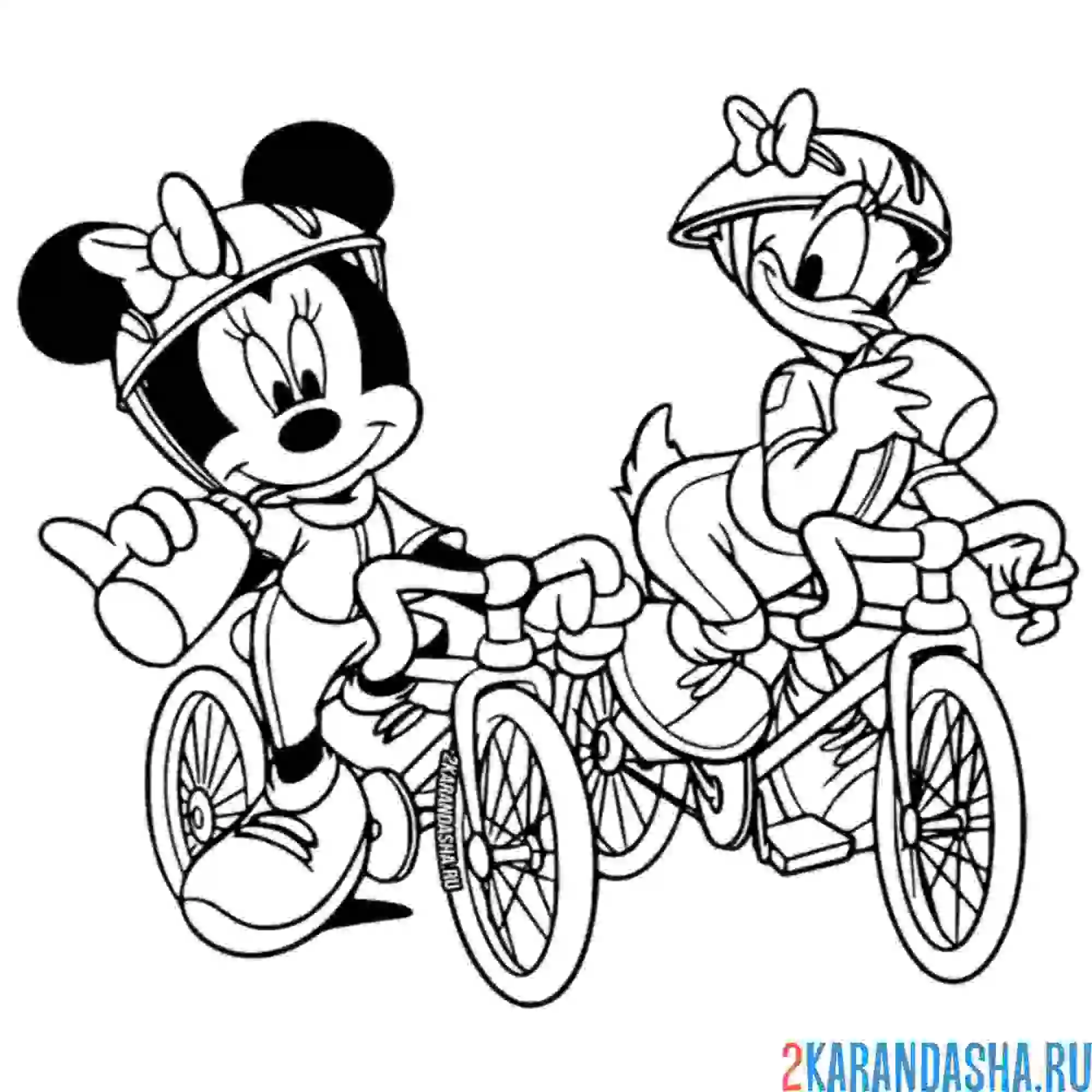 Раскраска минни маус и дейзи дак не велосипеде