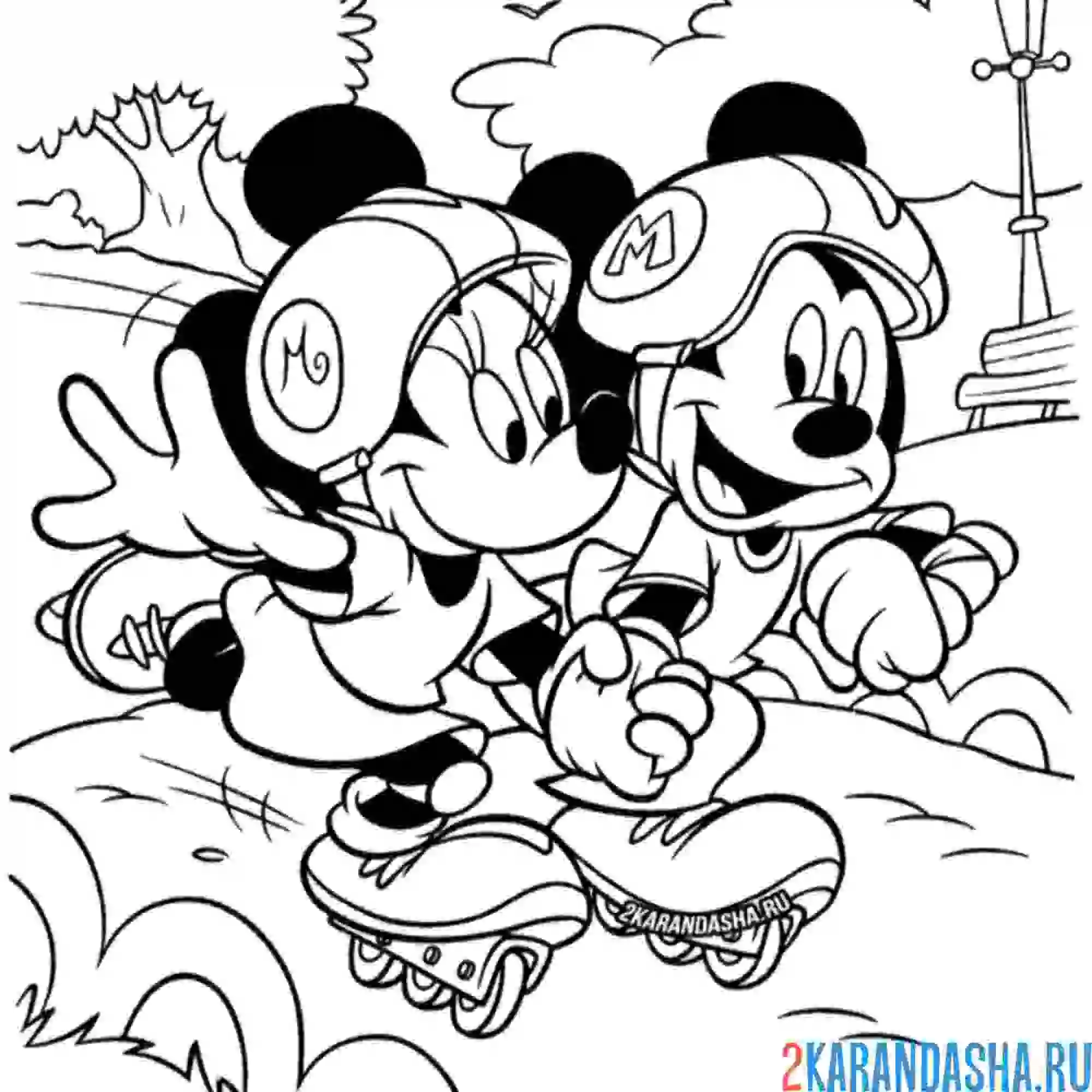 Раскраска микки и минни маус на роликах