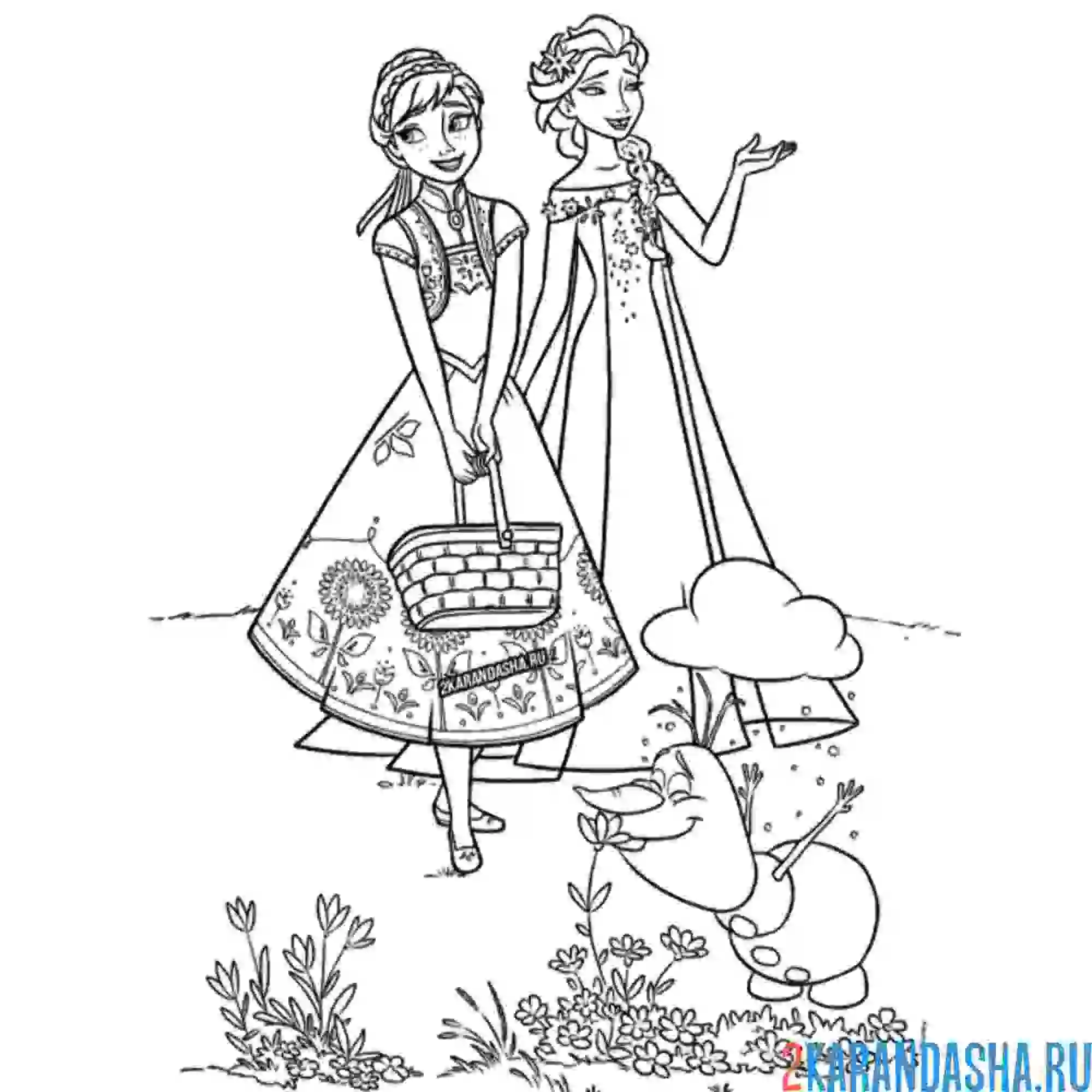 Раскраска анна, эльза и олаф собирают цветы