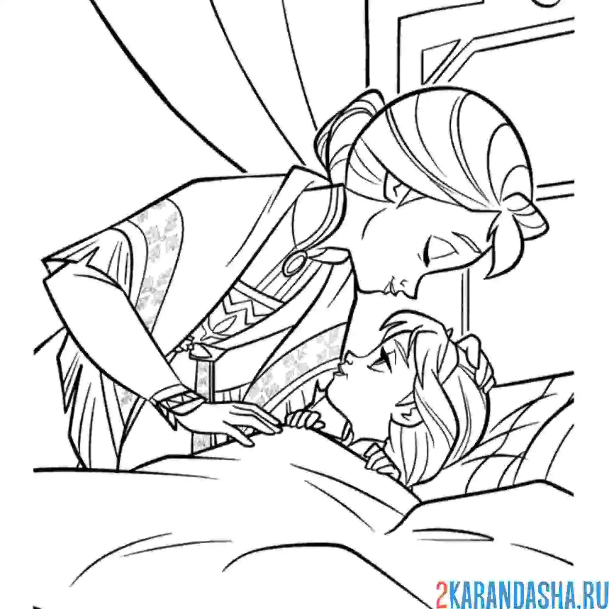 Раскраска мама целует дочку перед сном