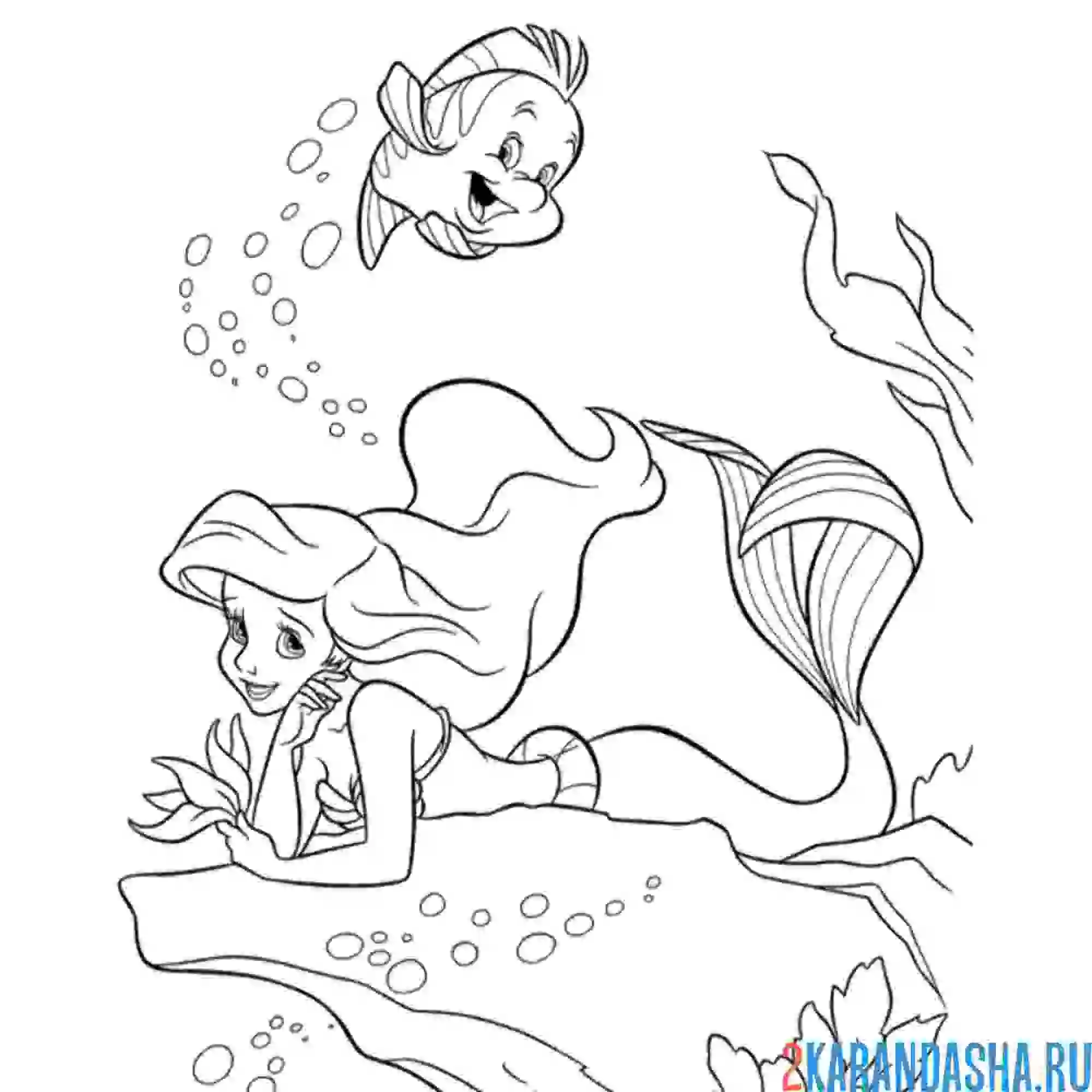 Раскраска русалочка ариэль на камне с флаундером