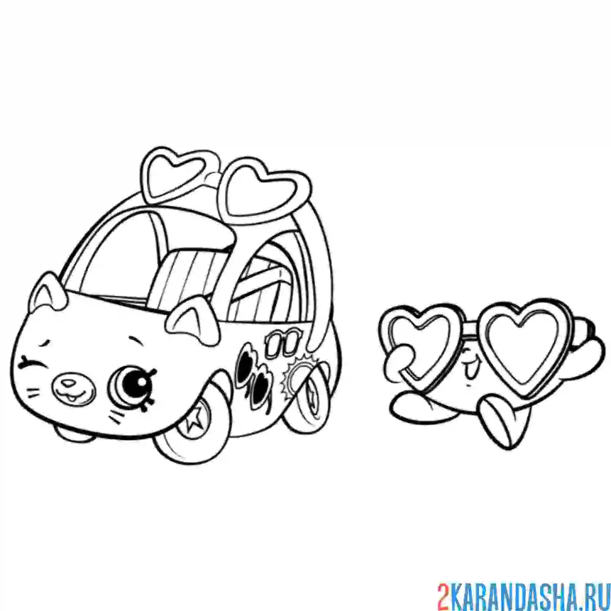 Раскраска машинка с очками-сердечки шопкинс