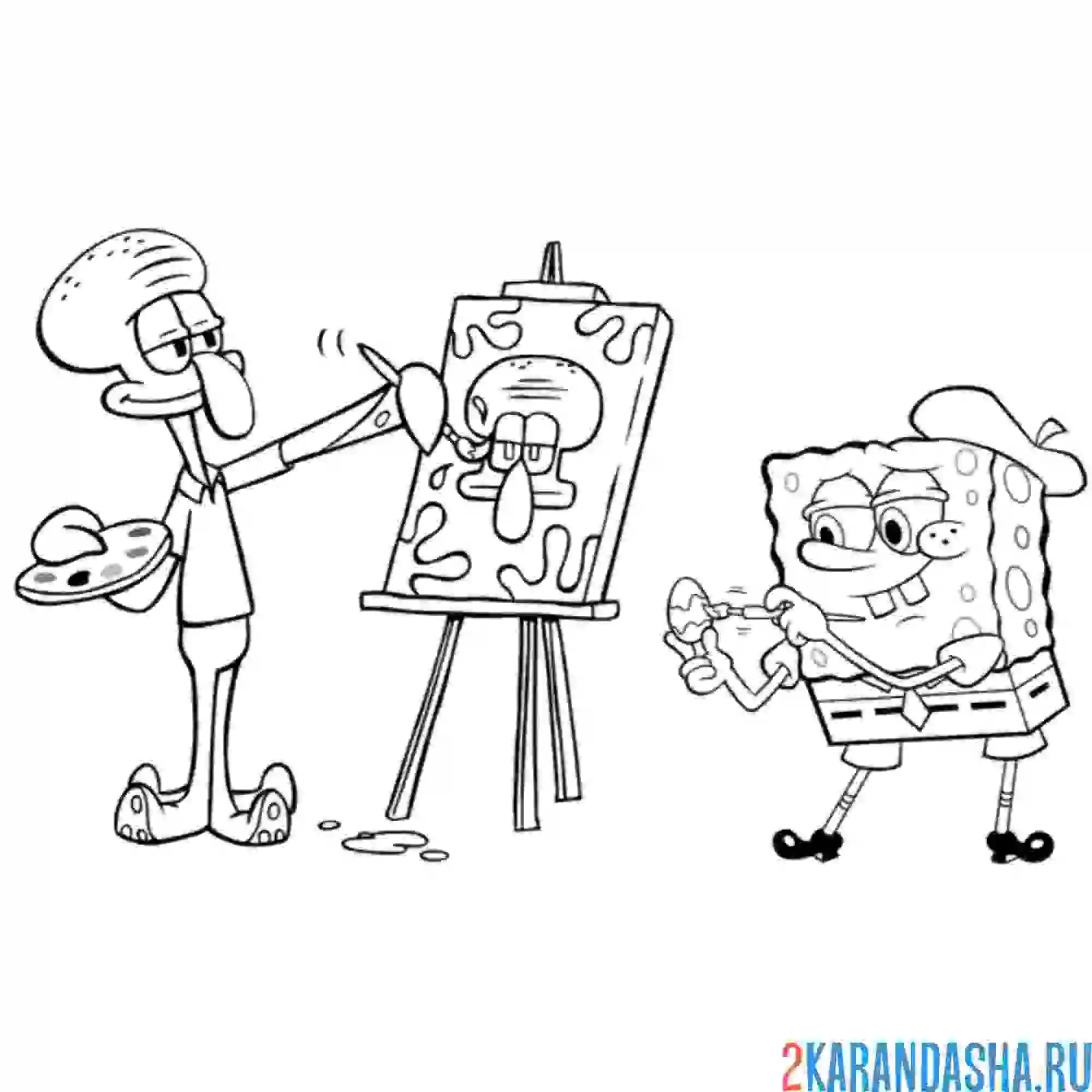 Раскраска губка боб и сквидвард рисуют
