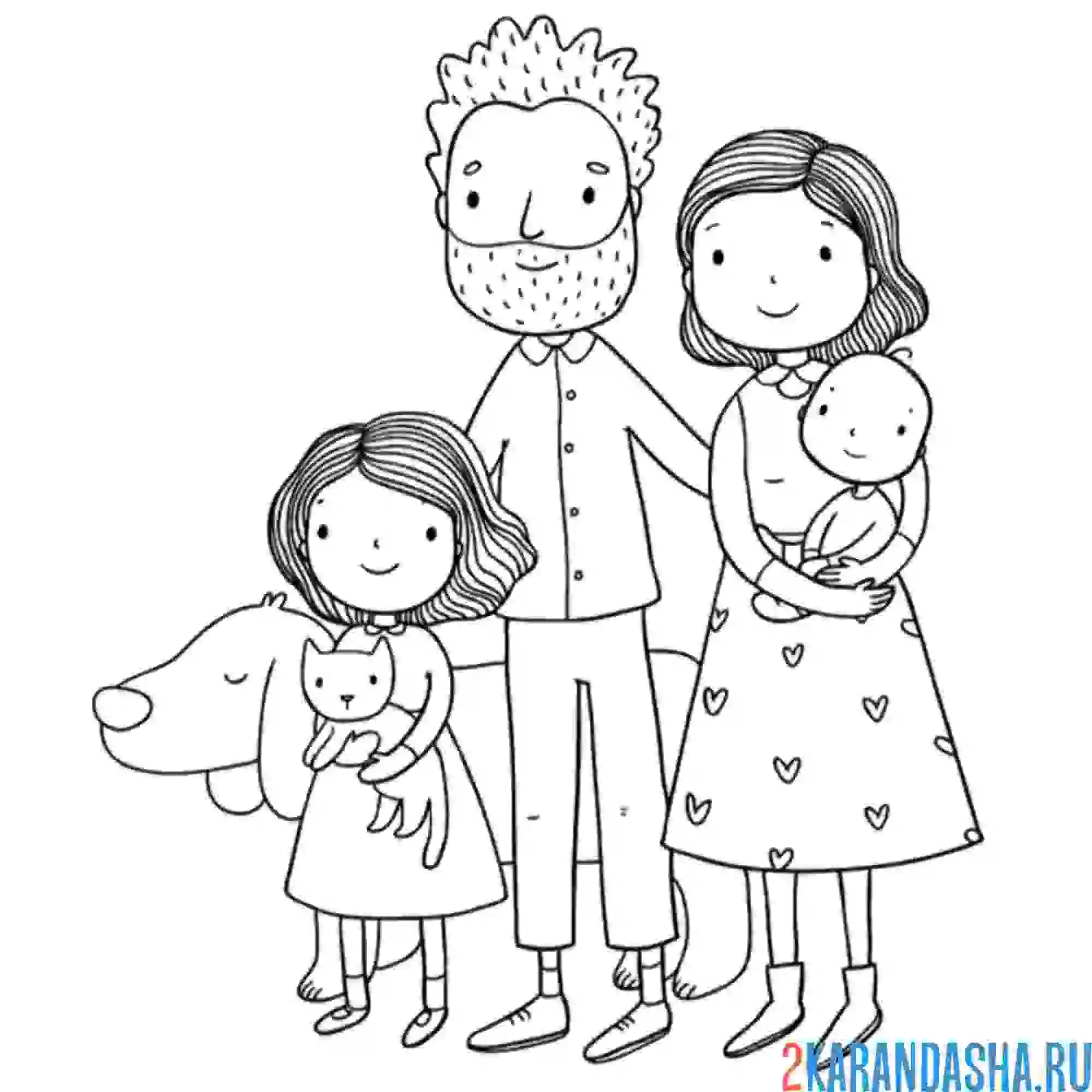 Раскраска семья с собакой и кошкой