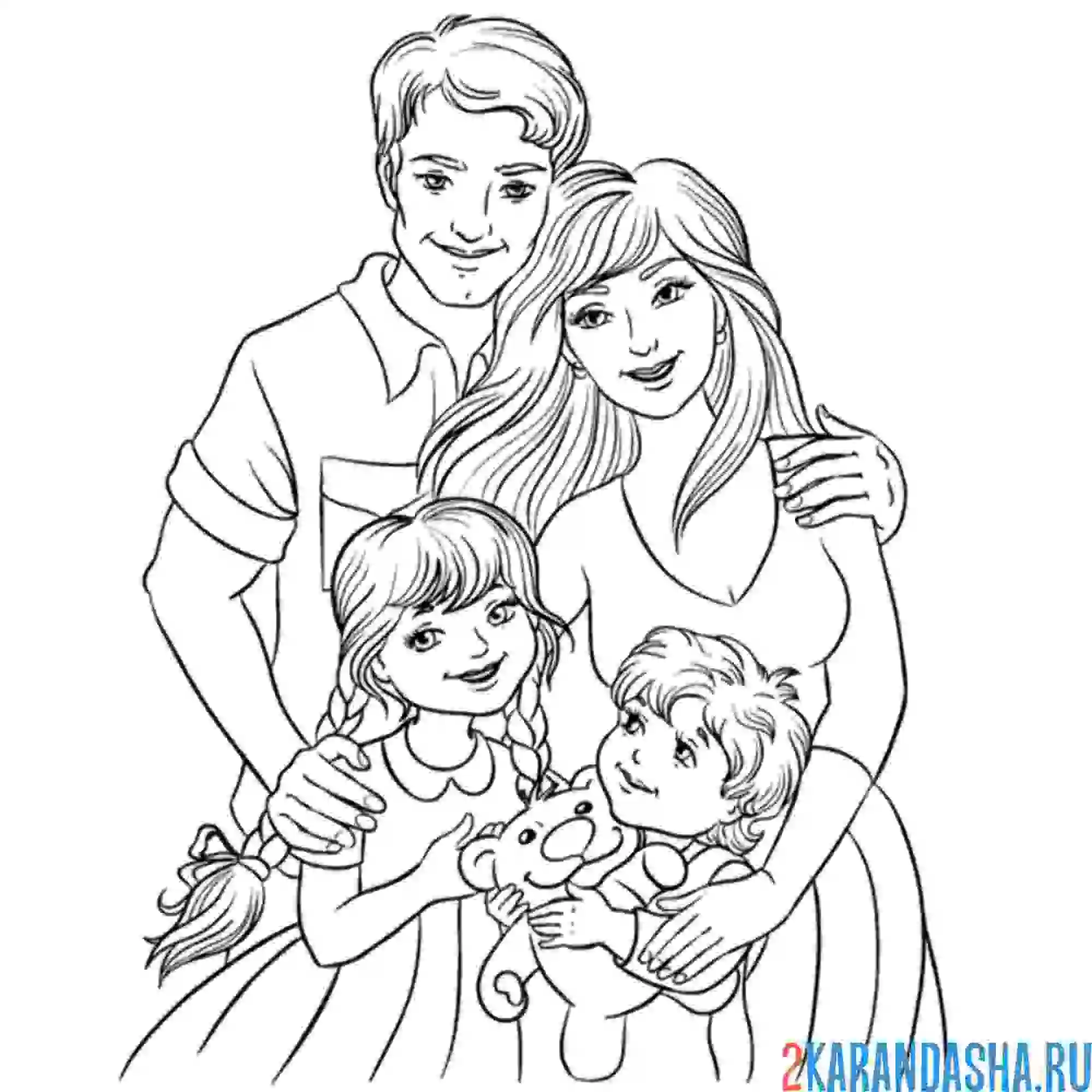 Раскраска семья красивая мама, папа и дети