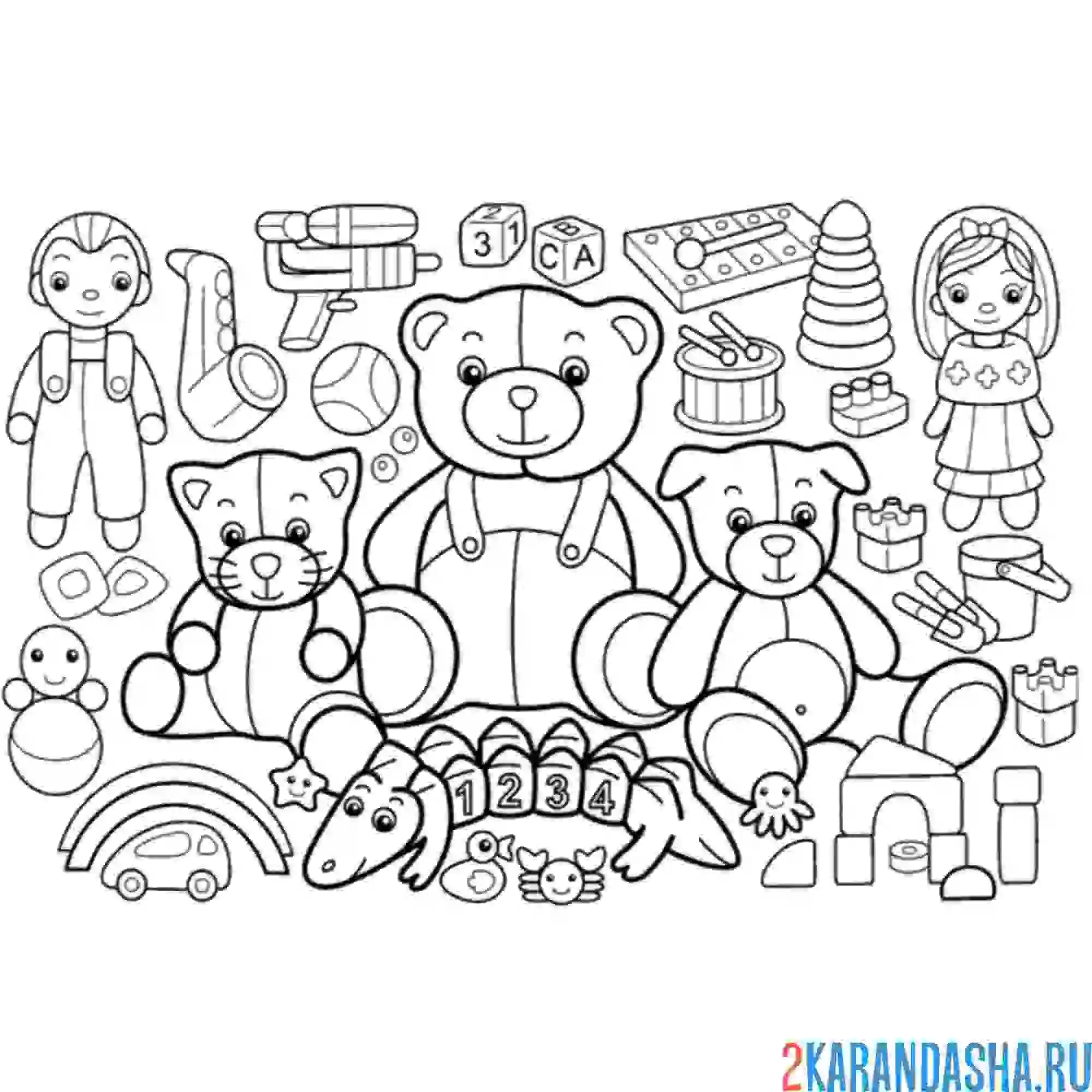 Раскраска много игрушек