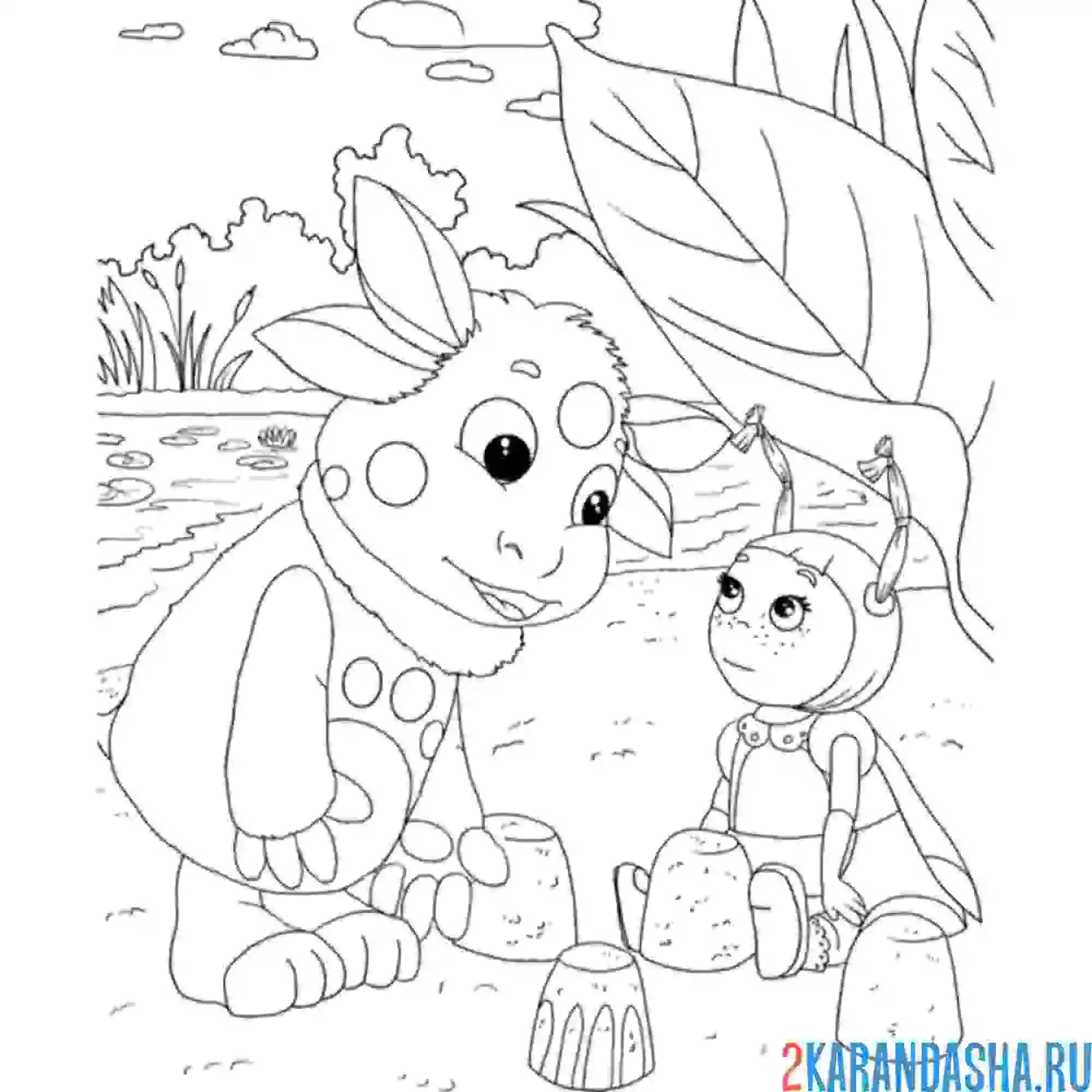 Раскраска лунтик с милой делают куличики