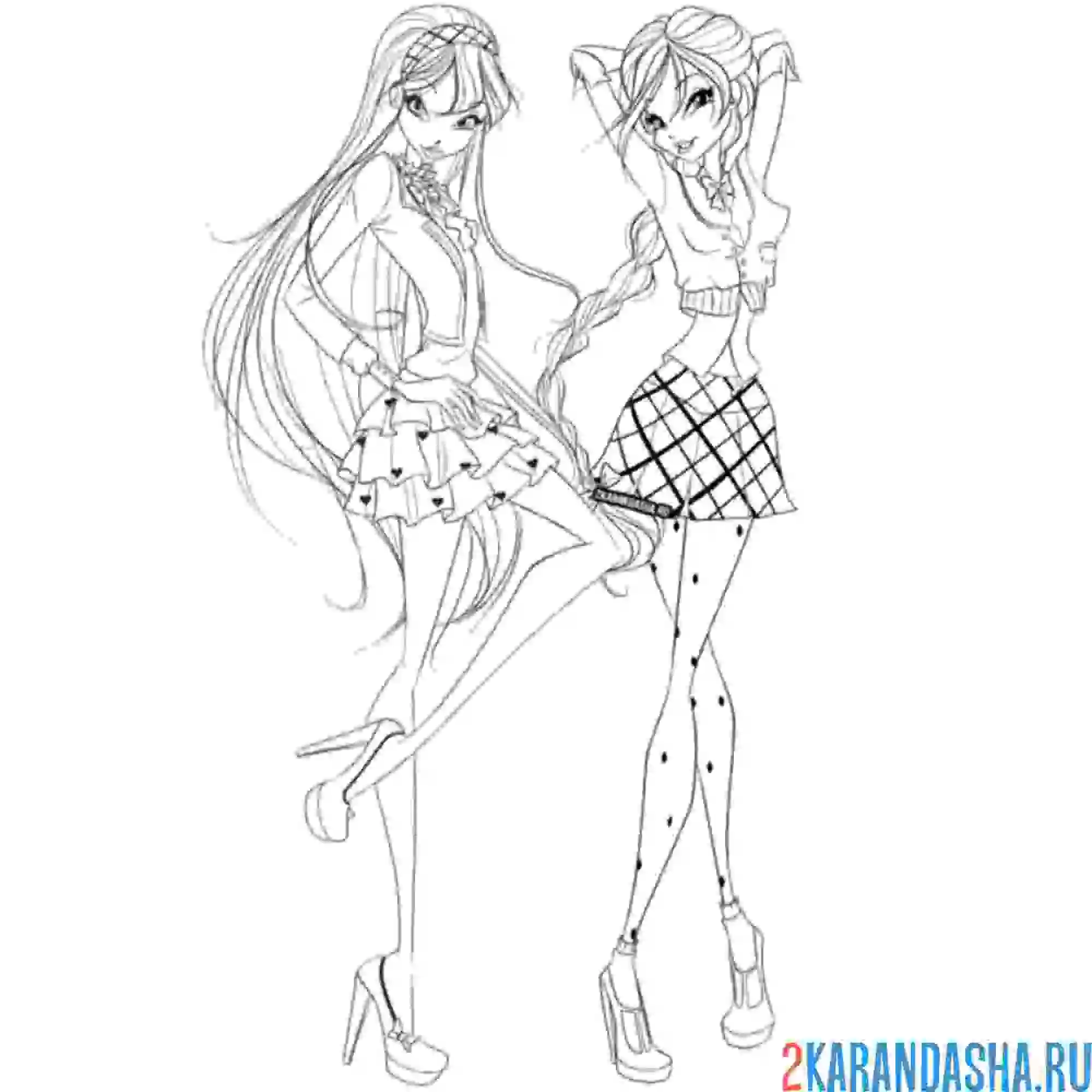 Раскраска стелла и блум в юбках