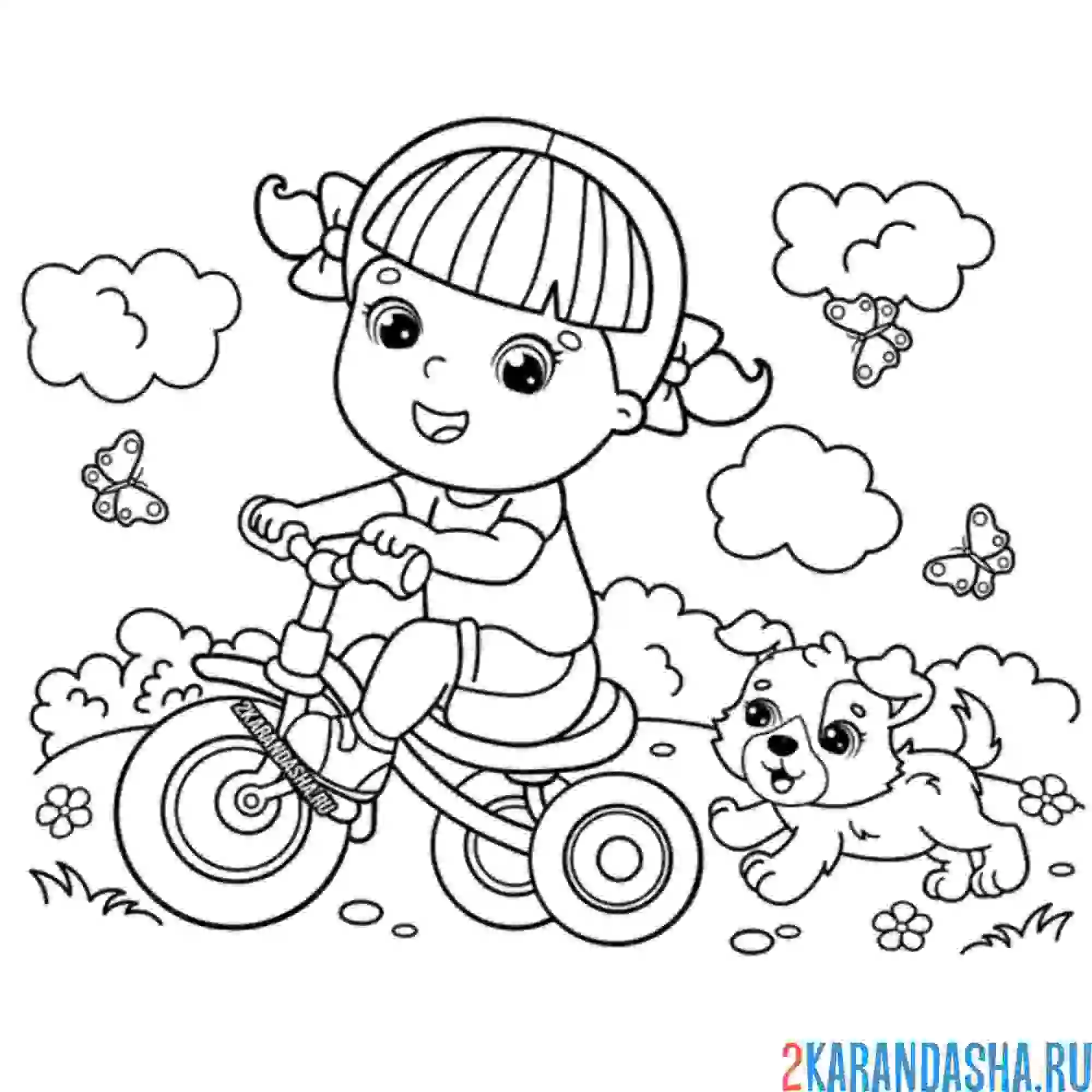 Раскраска девочка едет на велосипеде