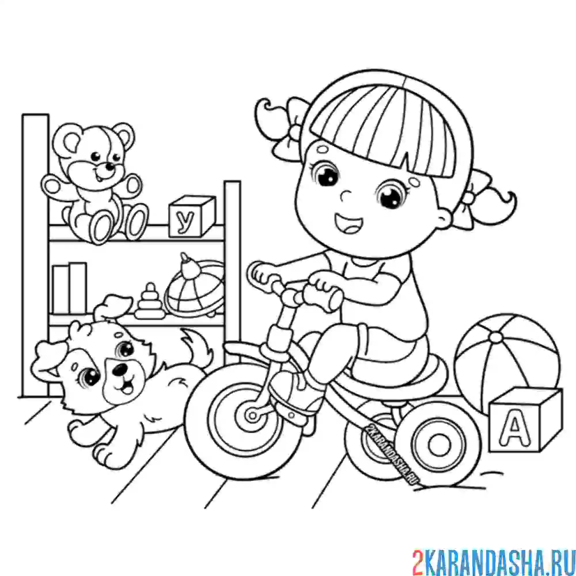 Раскраска девочка на велосипеде с собакой