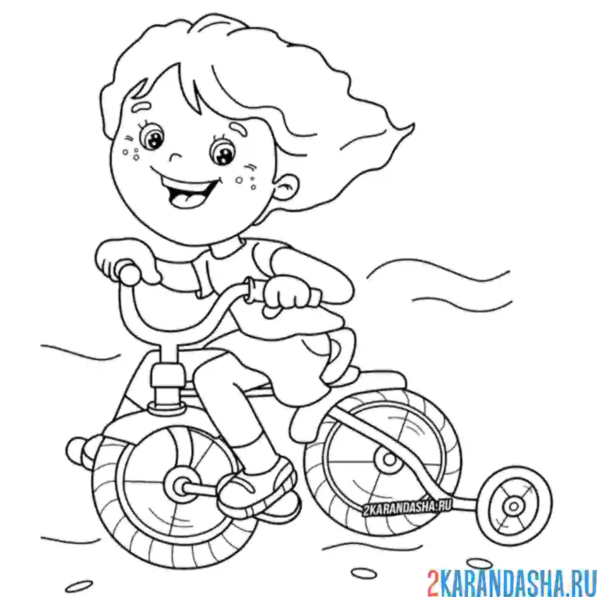 Раскраска девочка мчится на велосипеде