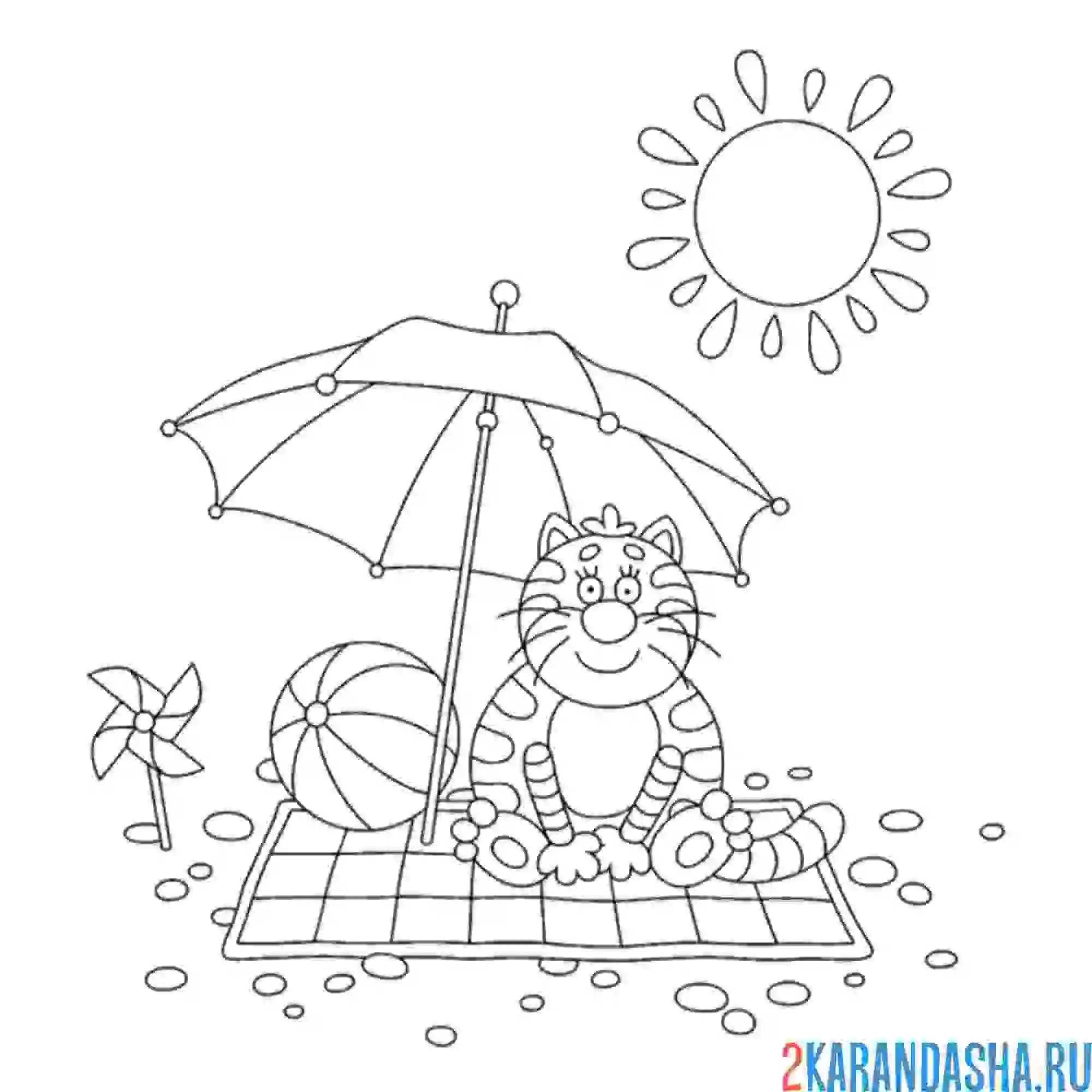 Раскраска котик и пляжный мяч