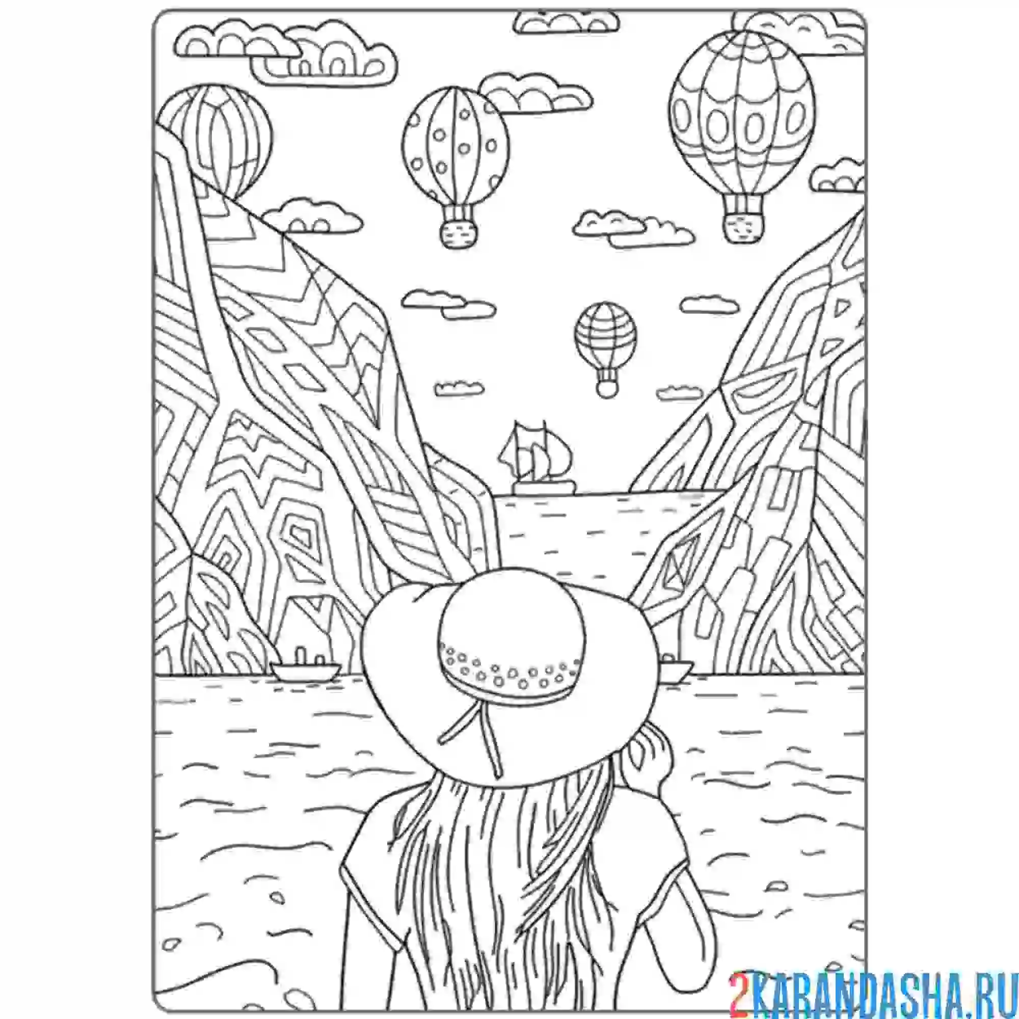 Раскраска девушка на море в горах