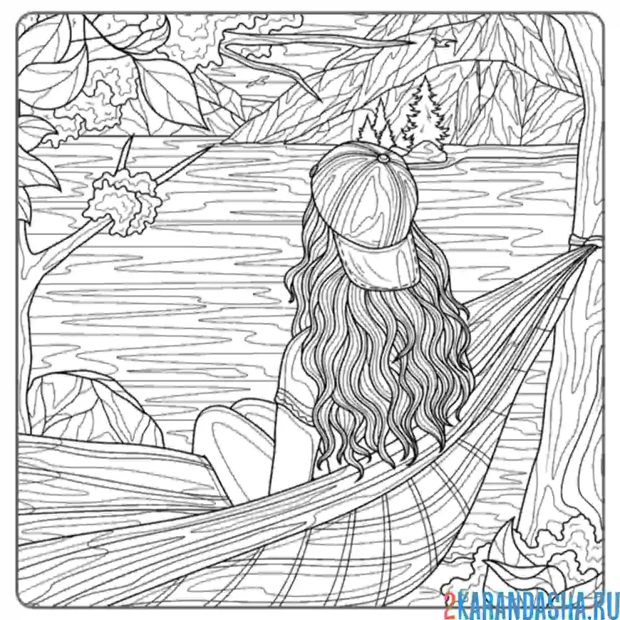 Раскраска девушка в гамаке