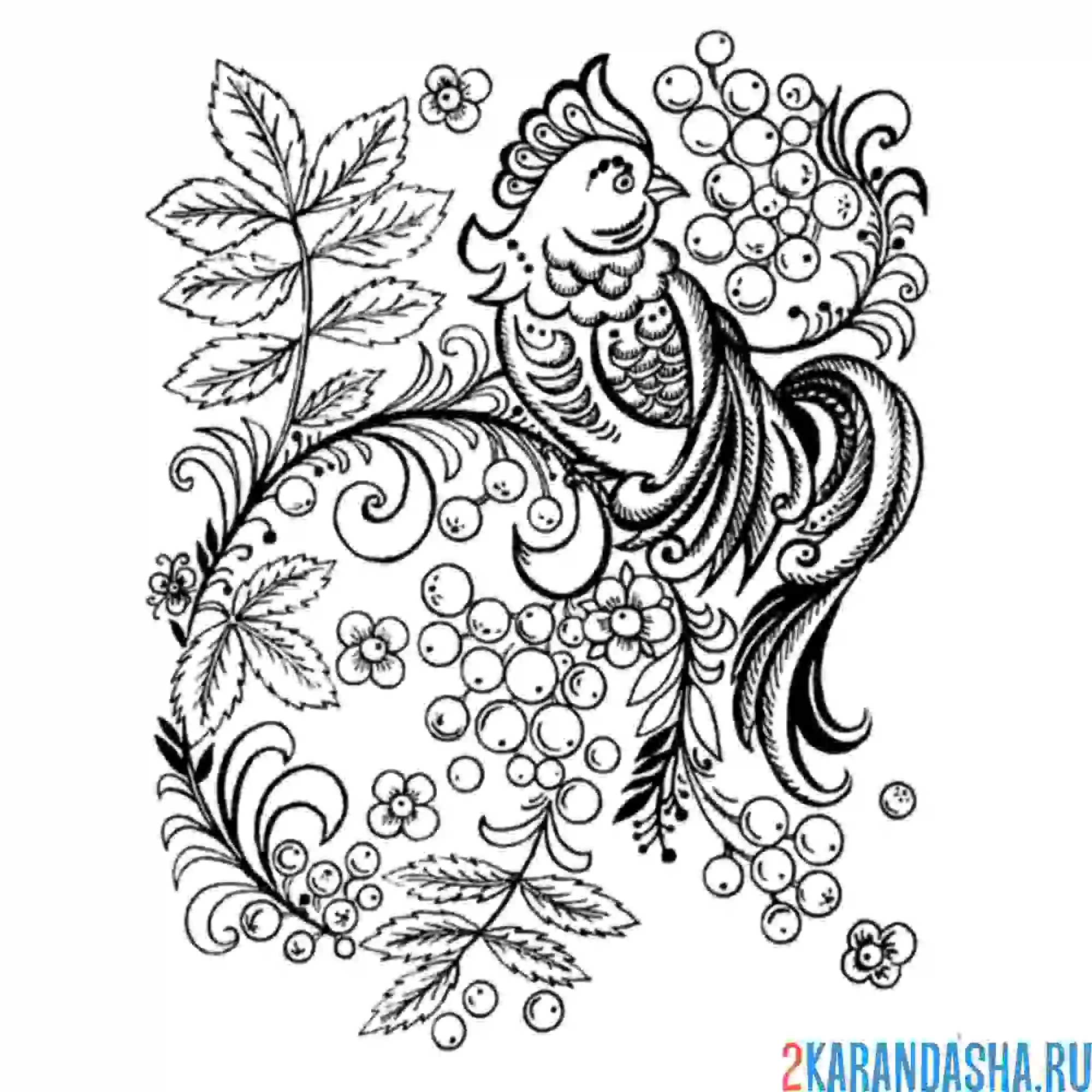 Раскраска хохлома птичка