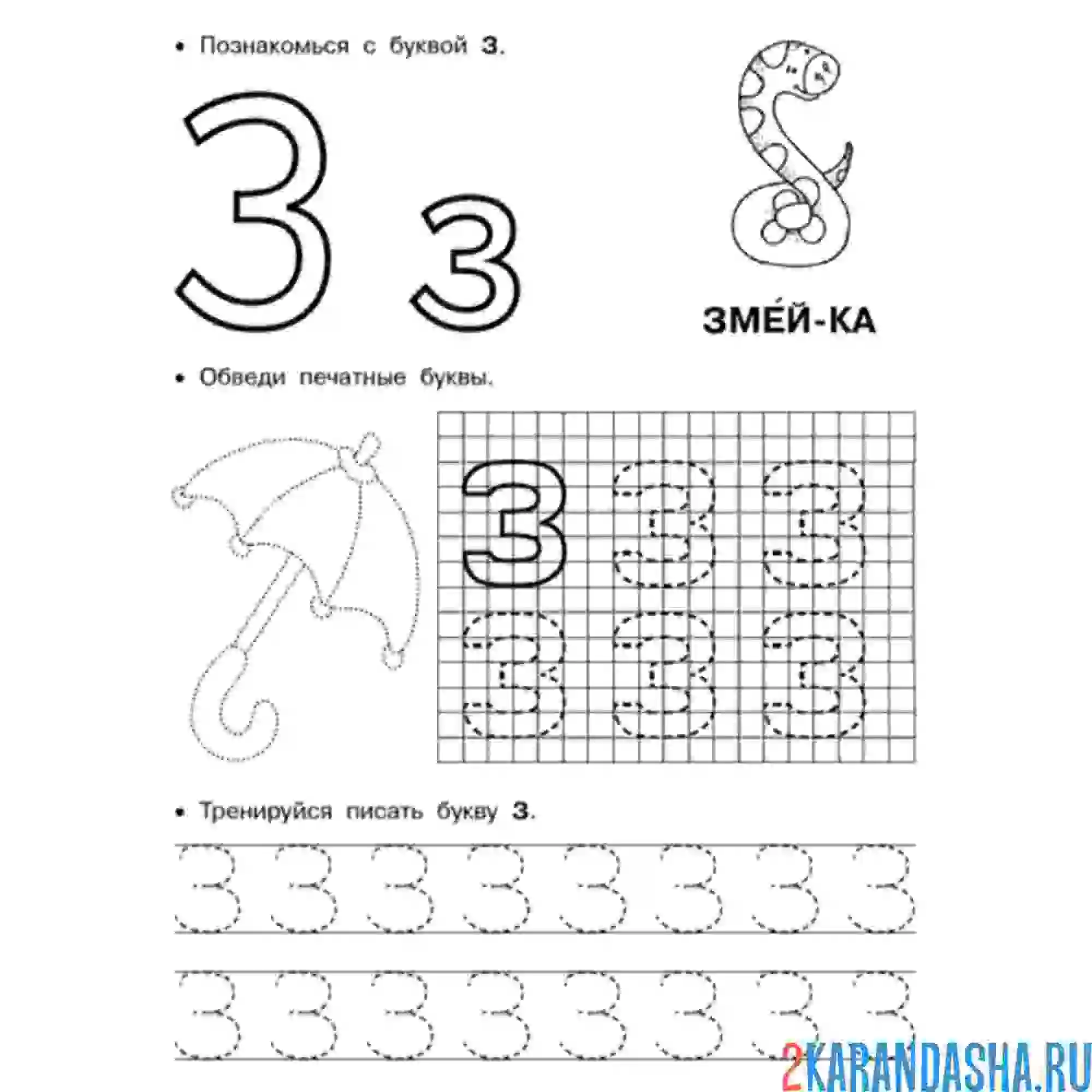Раскраска печатная буква з по клеточкам