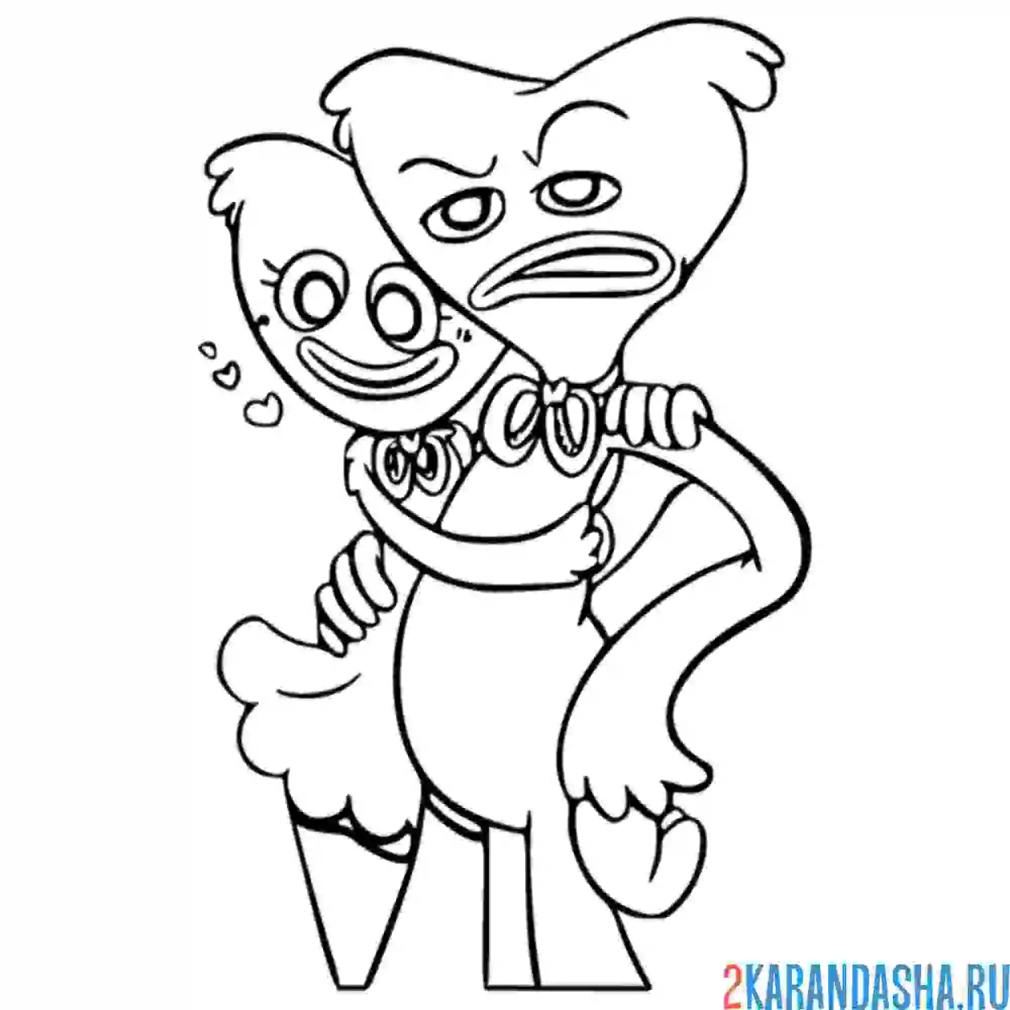 Раскраска кисси мисси и хагги вагги обнимаются