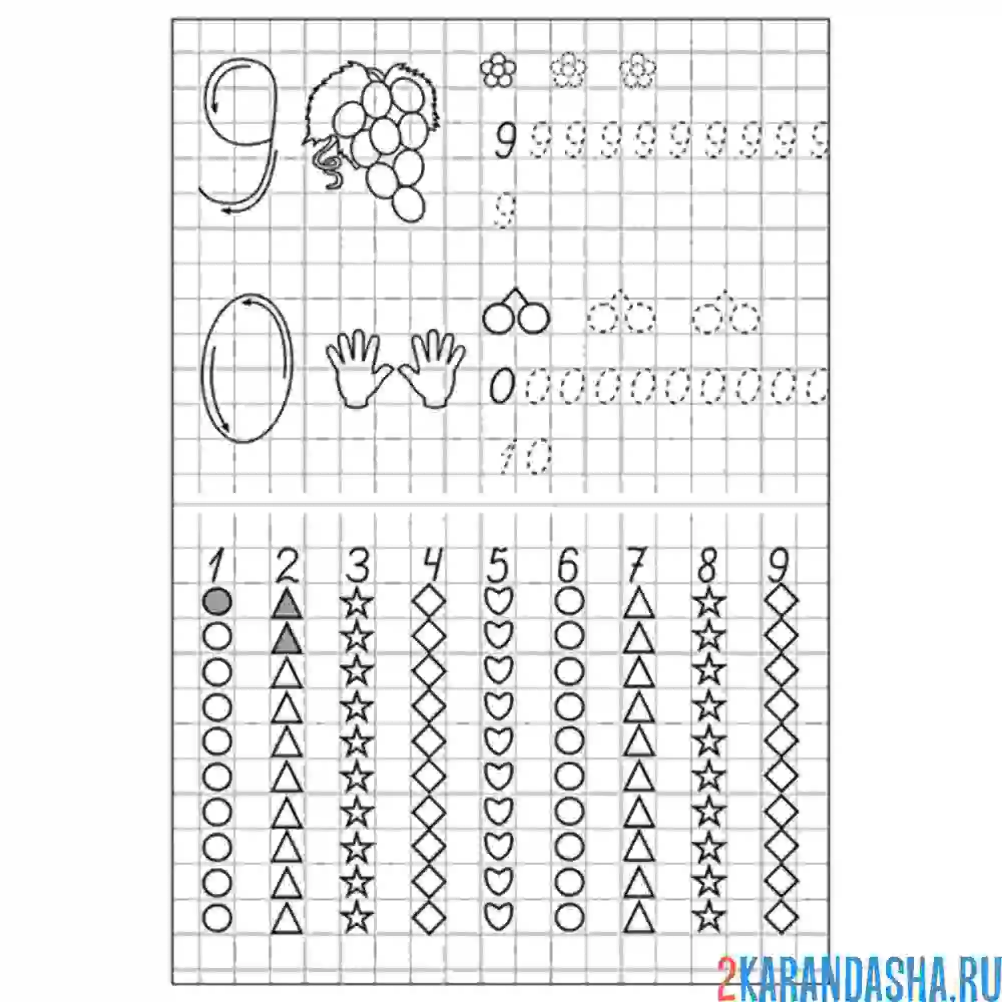 Раскраска прописи цифыр 9 и 0