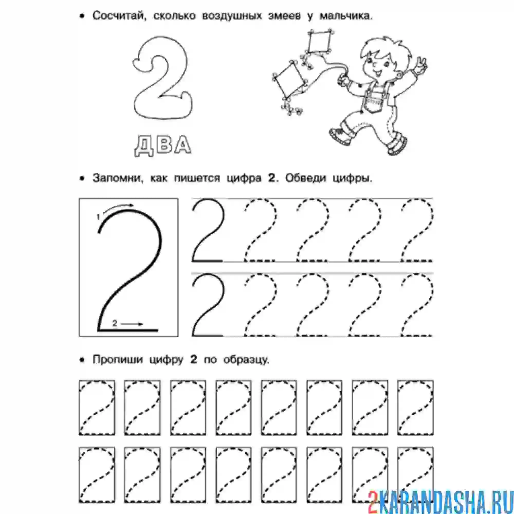 Раскраска пропись цифра 2 для школы
