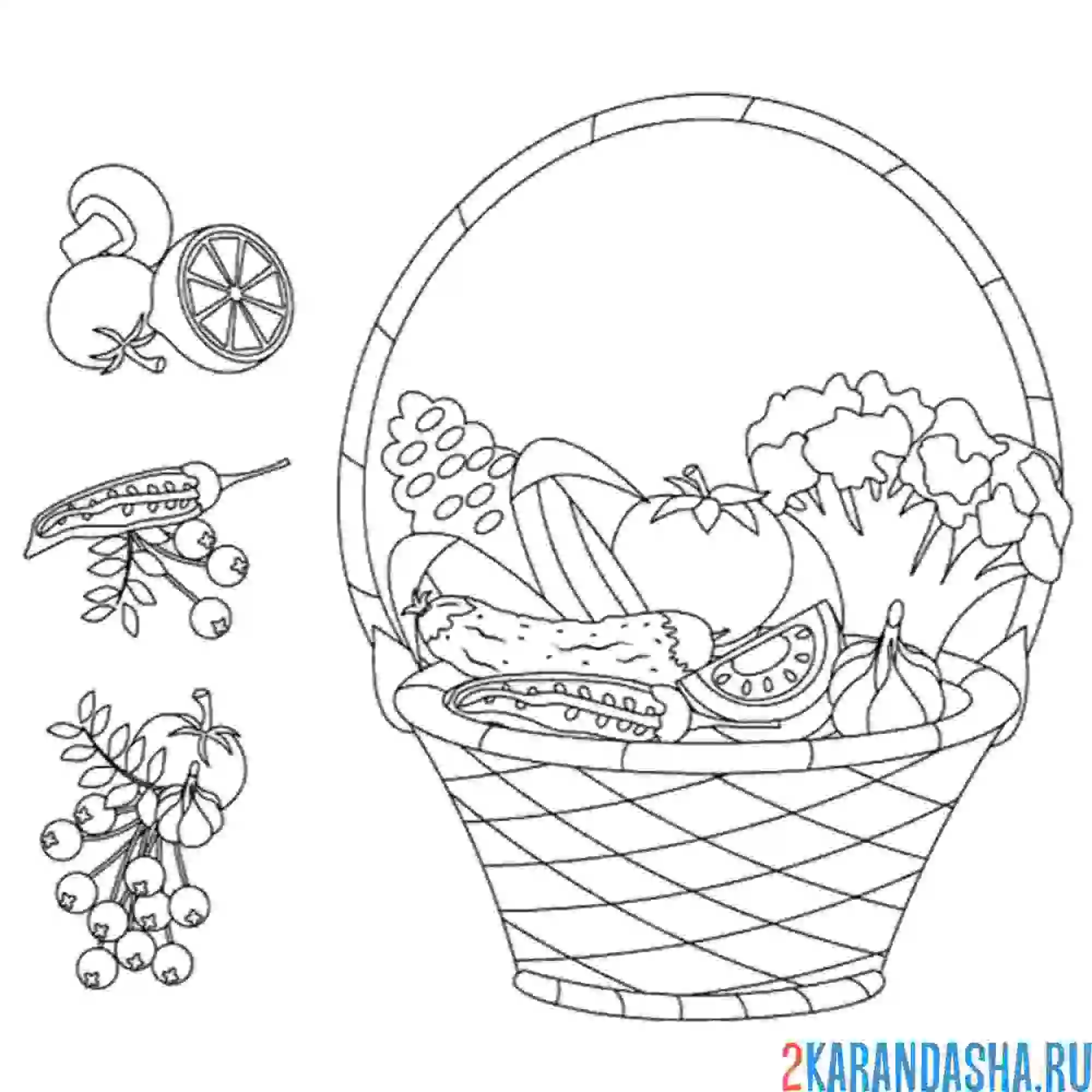 Раскраска корзина с разными овощами