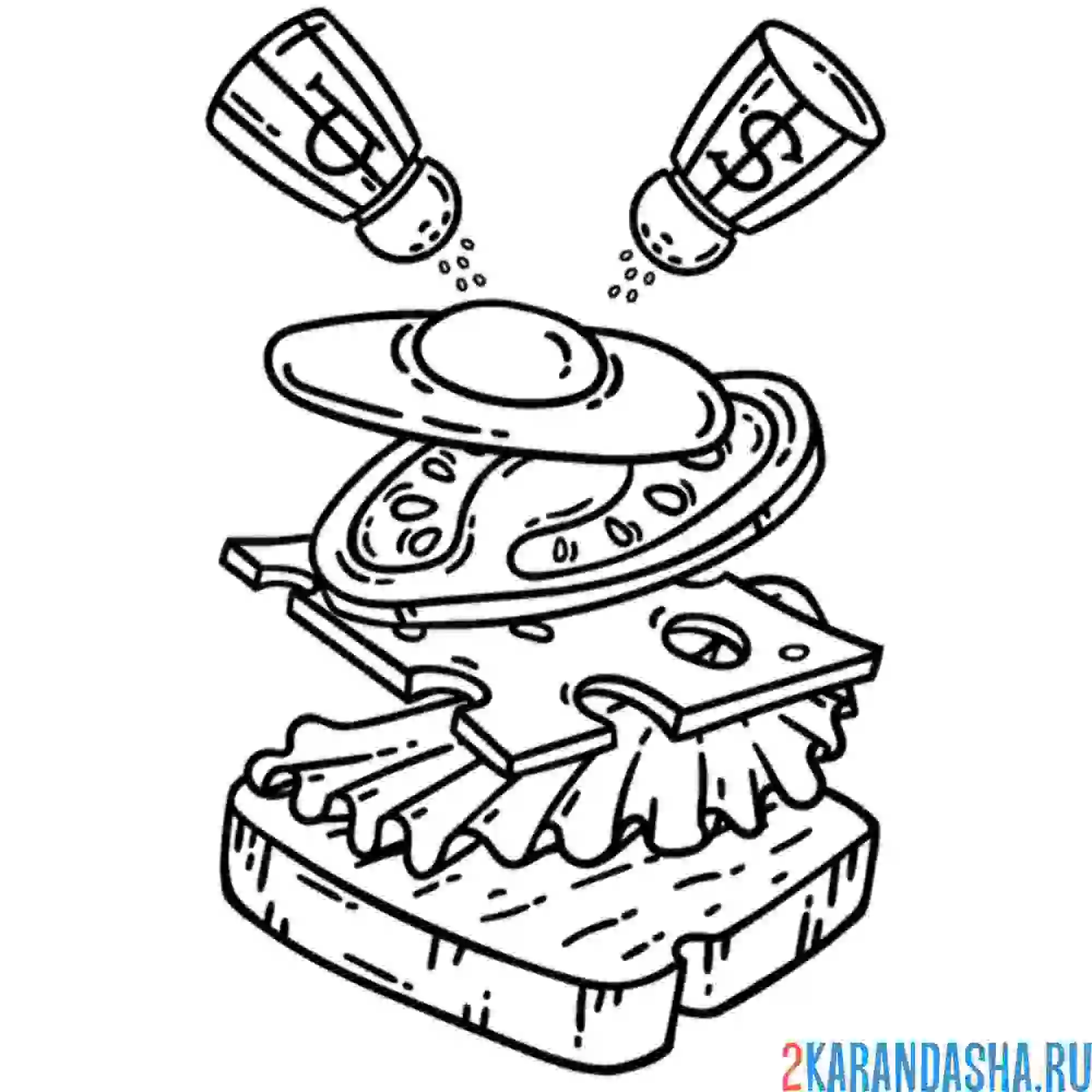 Раскраска бутерброд с яйцом и томатов