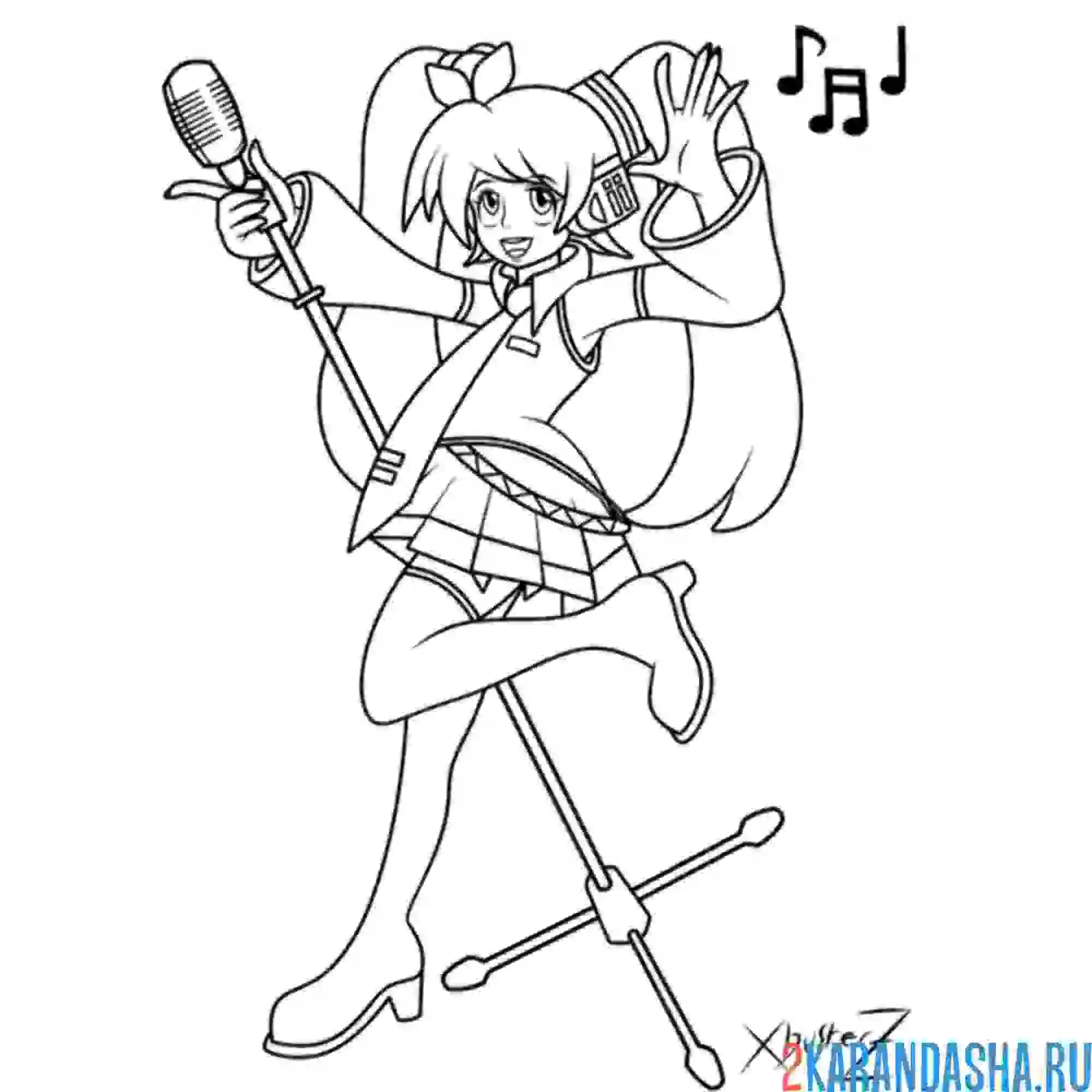 Раскраска мику с микрофоном поет