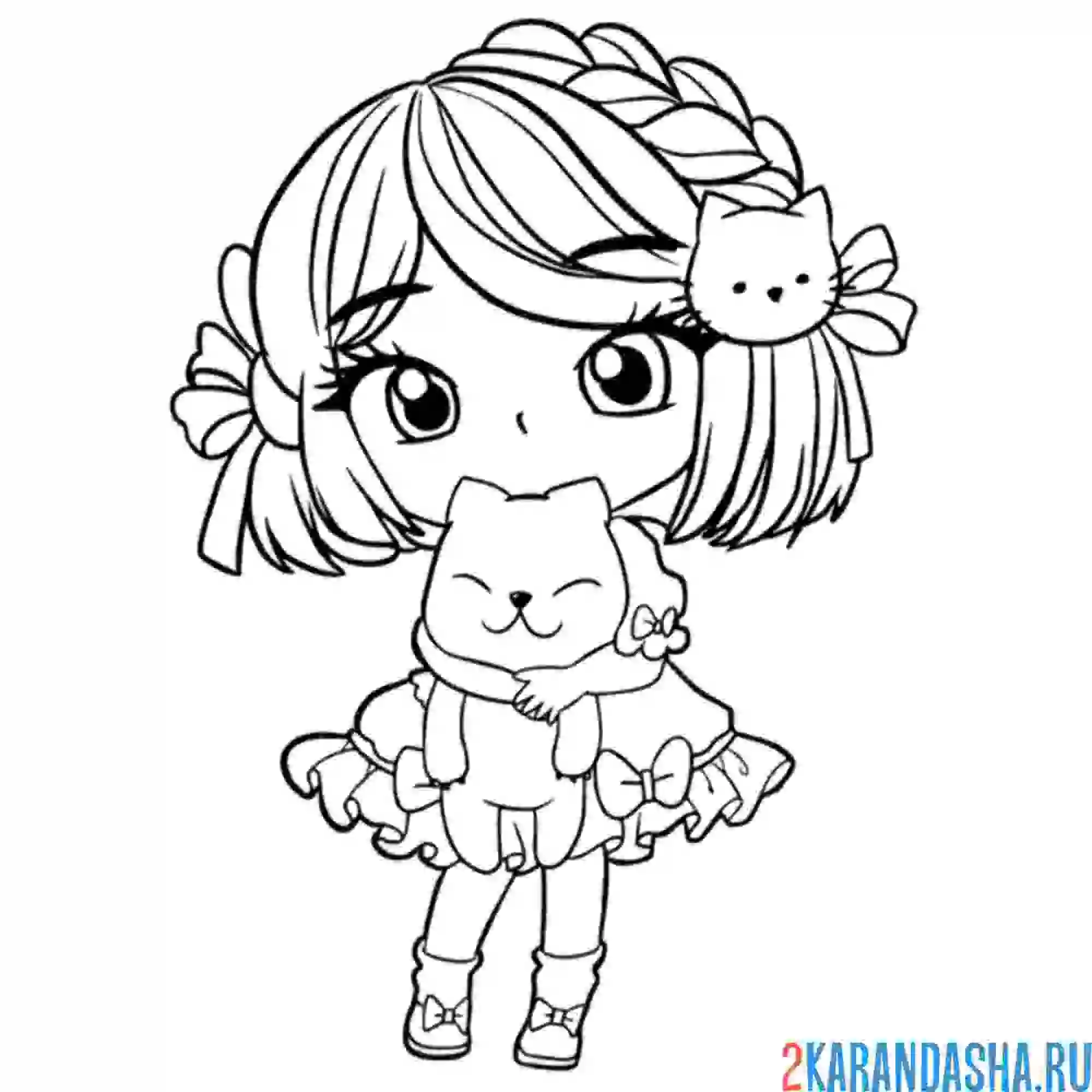 Раскраска милая аниме девочка с котиком
