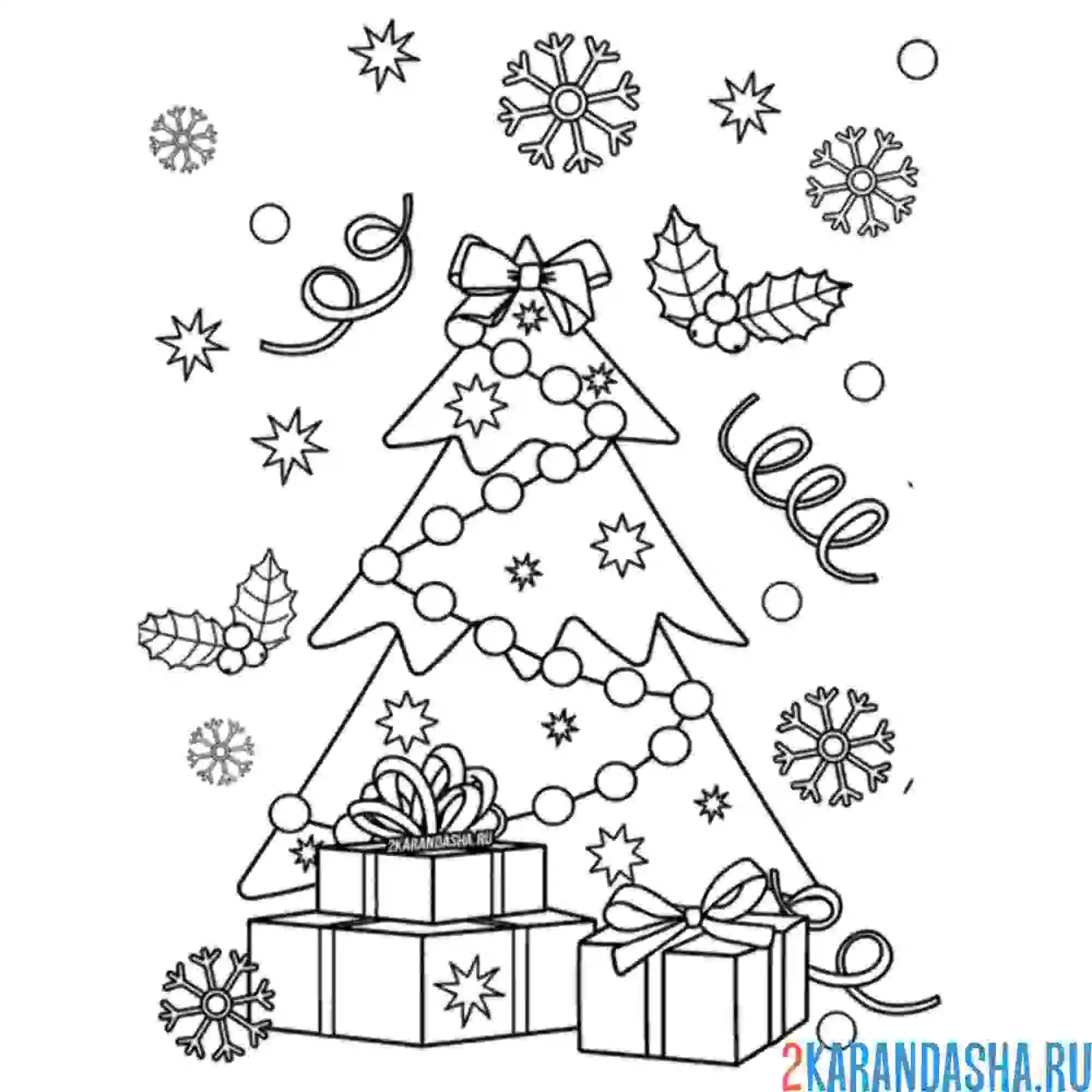 Раскраска новогодняя елка с гирляндой и конфетти