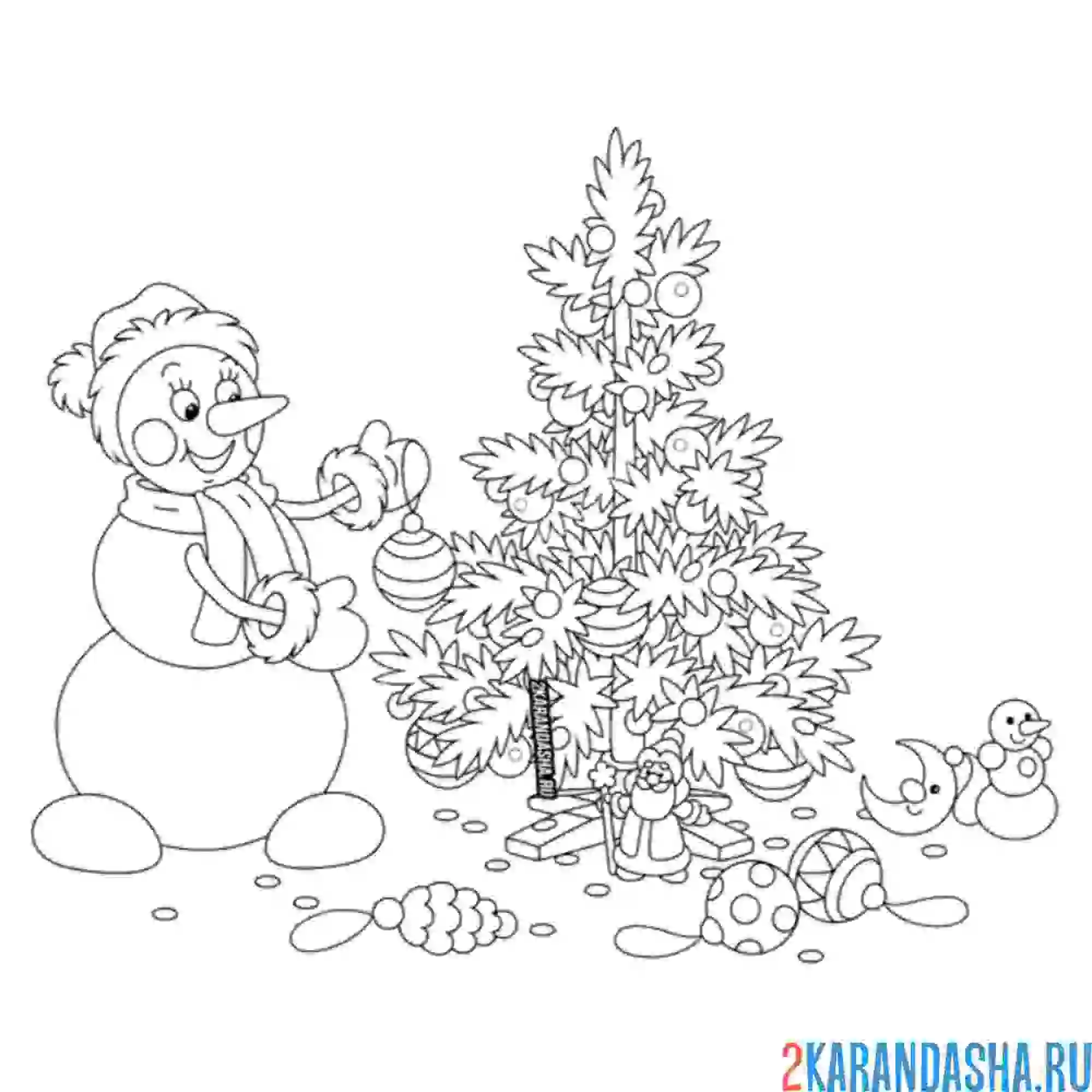 Раскраска снеговик с новогодней елкой
