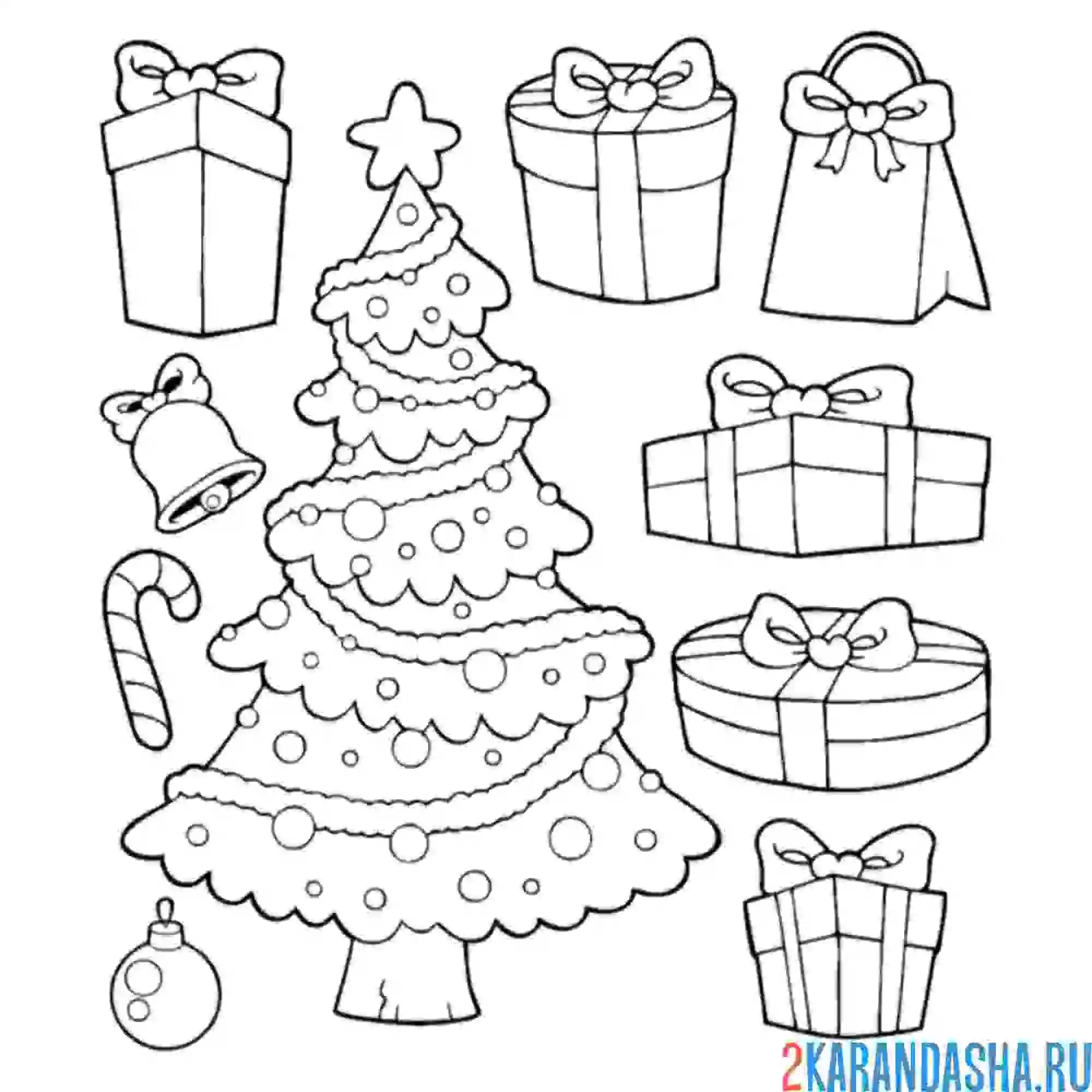 Раскраска новогодняя елка и подарки рядом