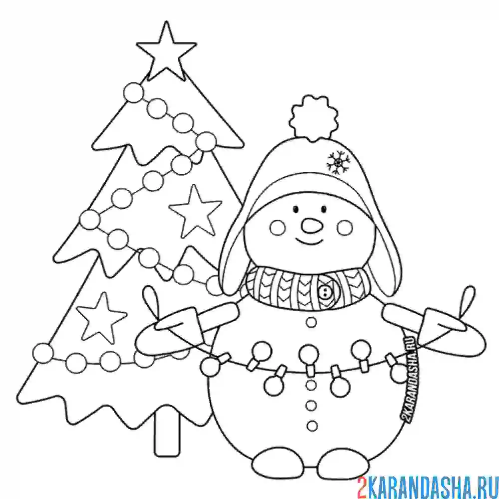 Раскраска новогодняя елка и смешной снеговик