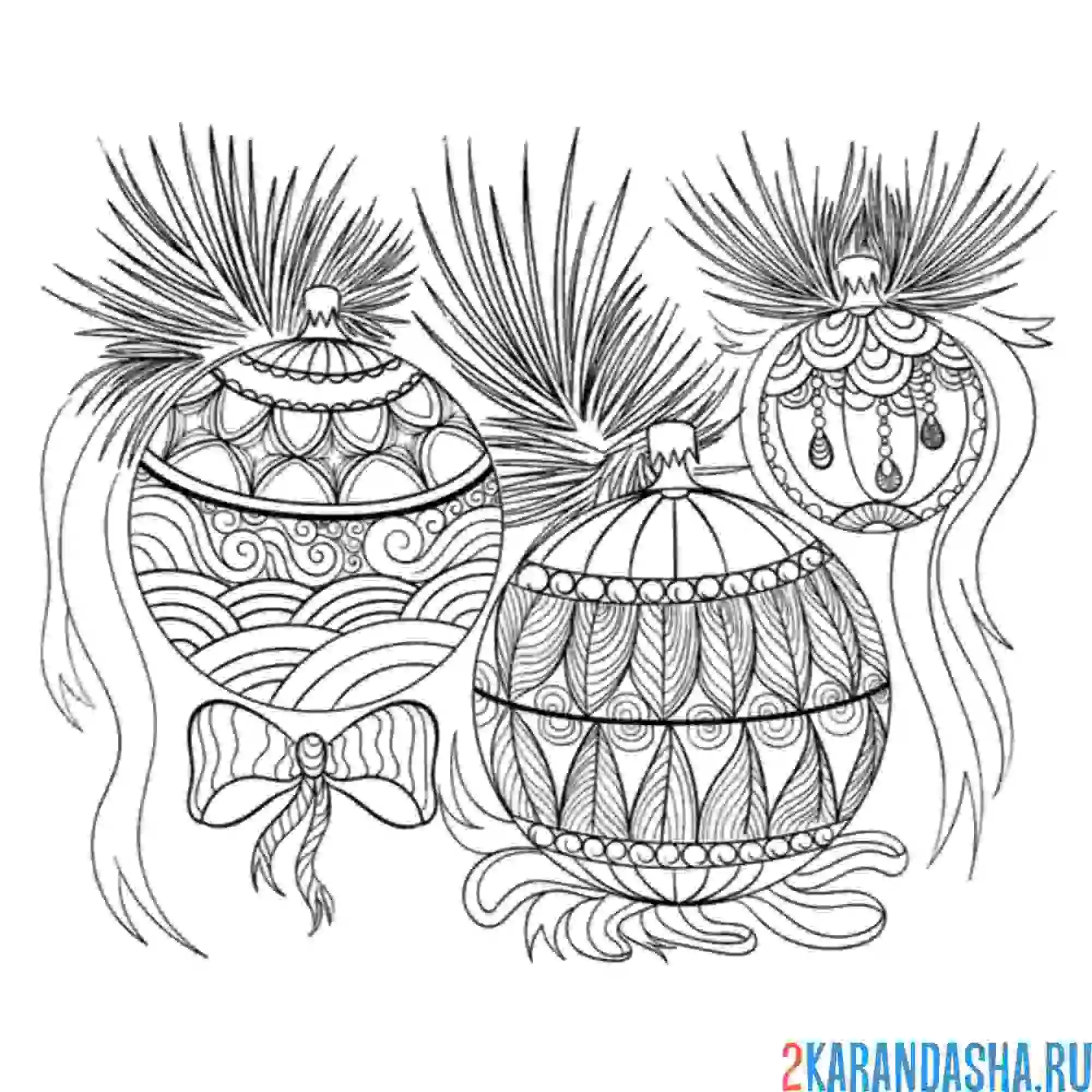 Раскраска новогодние шары на елке с лентами