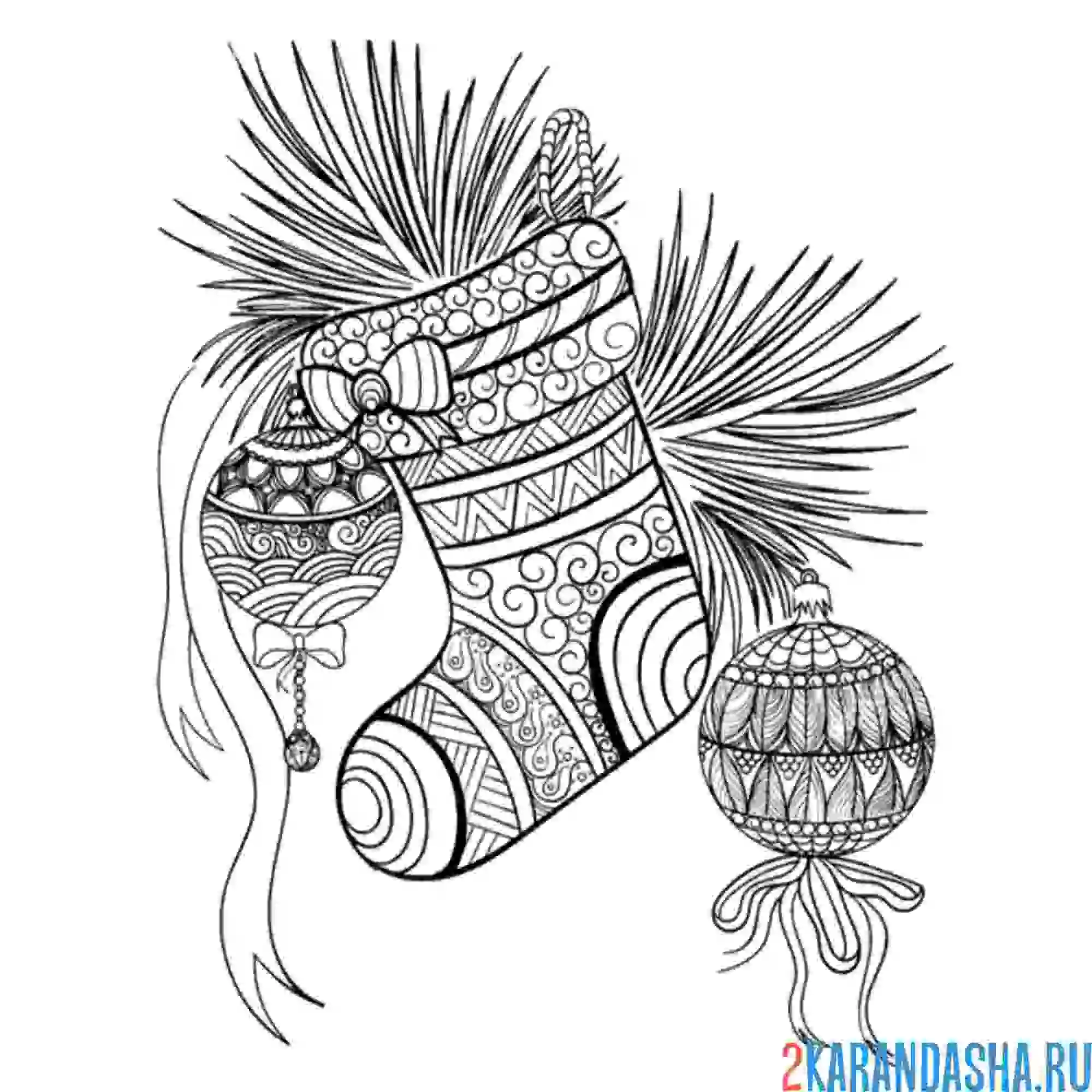 Раскраска новогодние шары и рождественский чулок