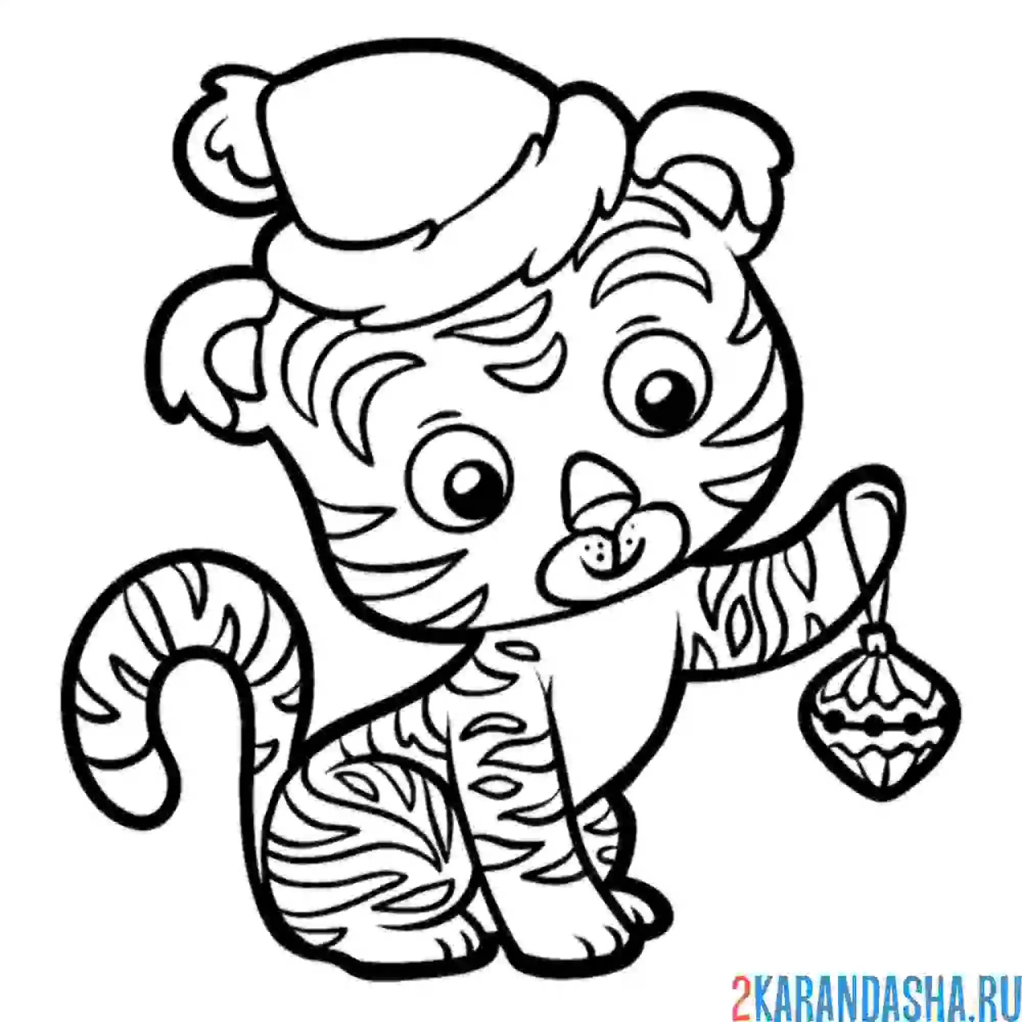 Раскраска тигренок с елочной игрушкой