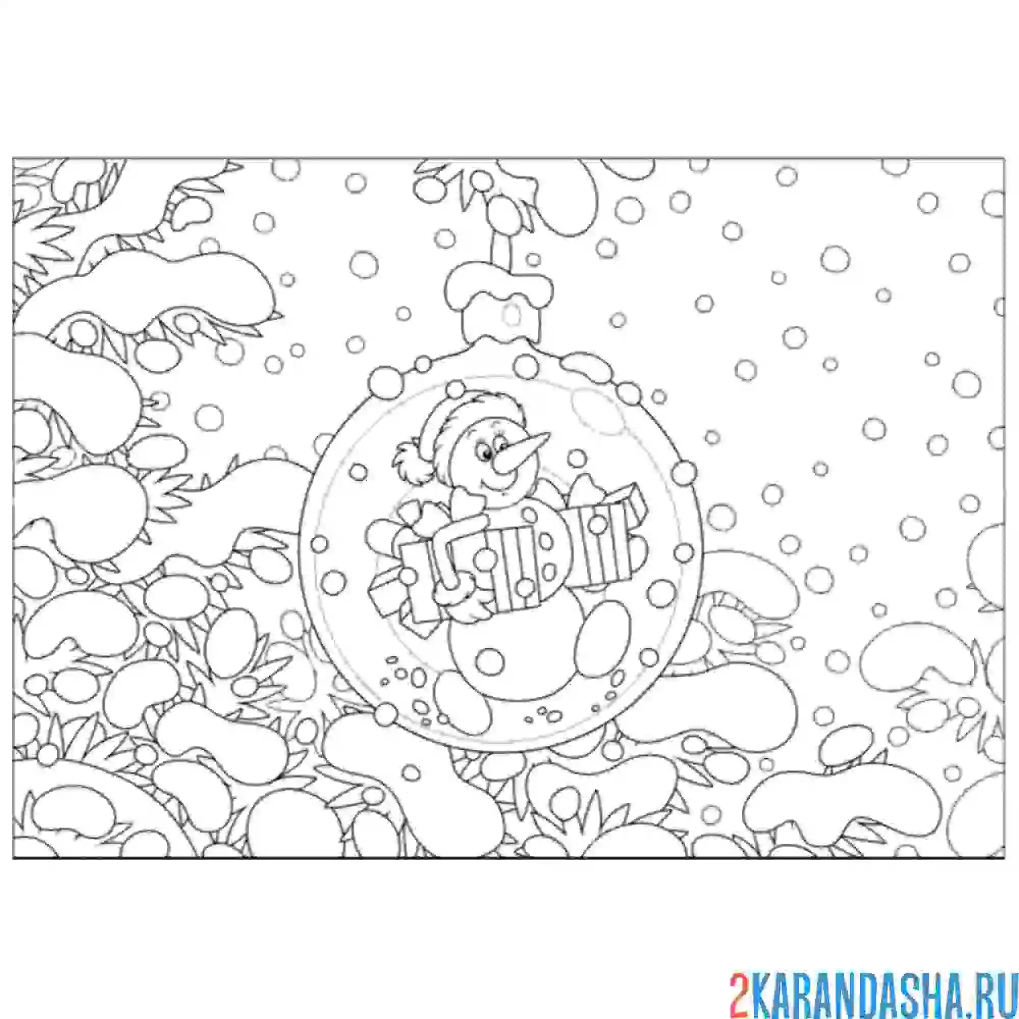 Раскраска новогодний шар со снеговиком