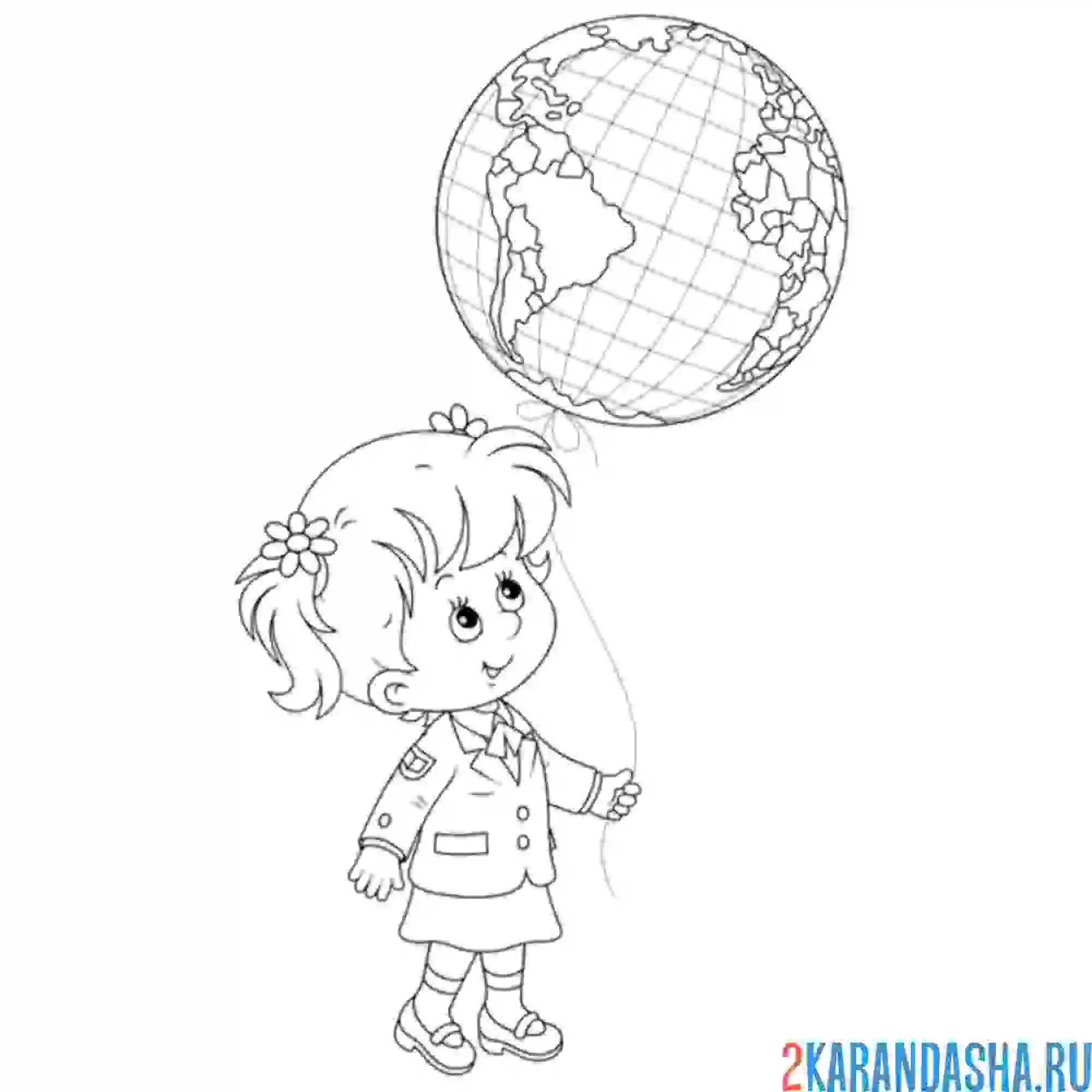 Раскраска школьница с воздушным шариком глобусом