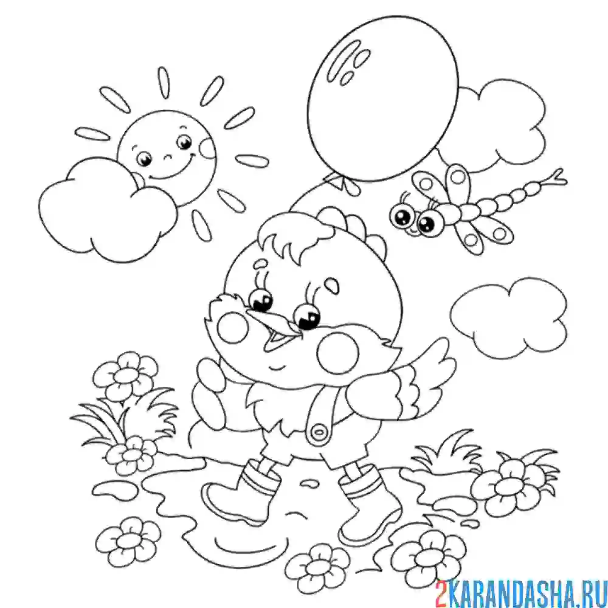 Раскраска цыпленок с воздушным шариком