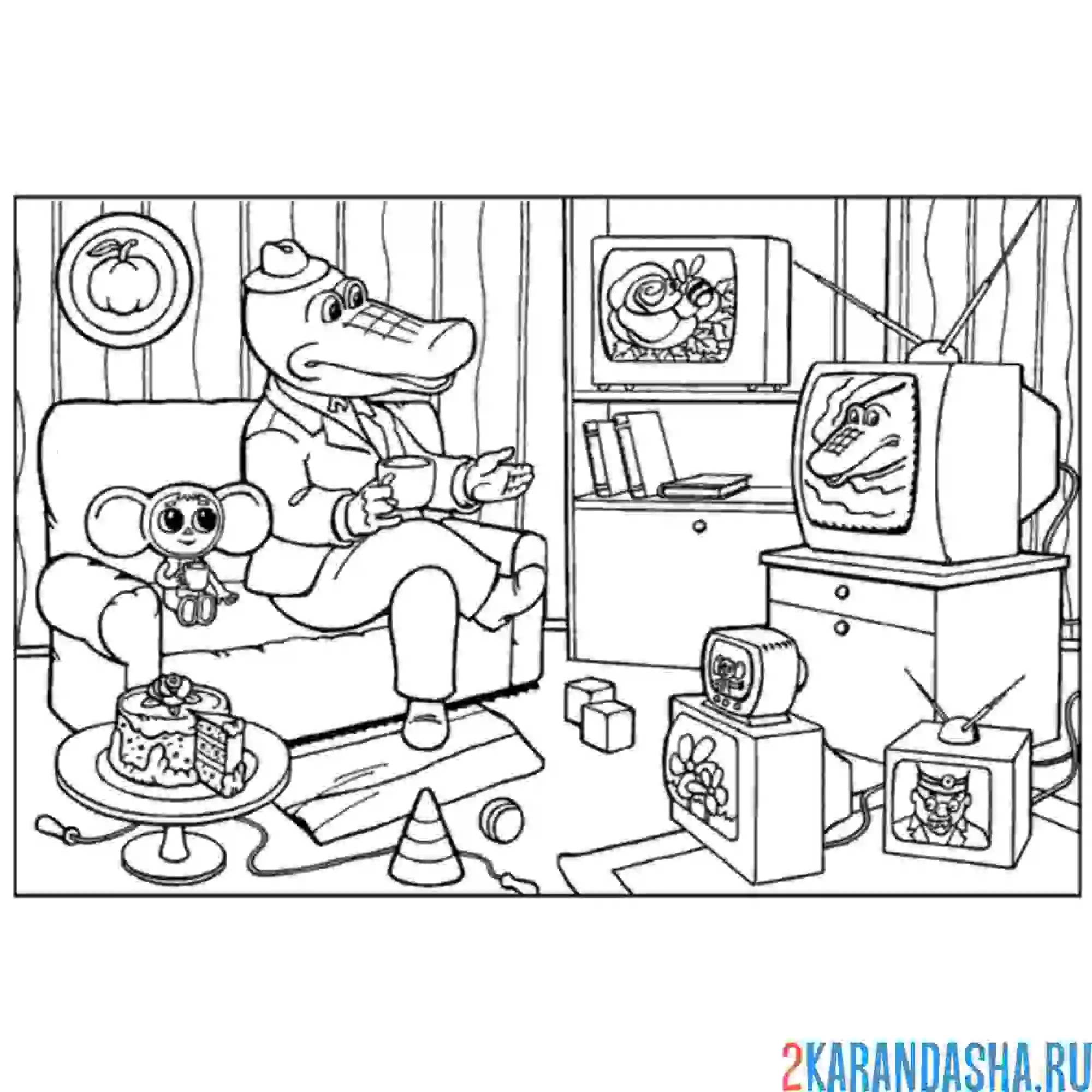 Раскраска гена смотрит с чебурашкой тв