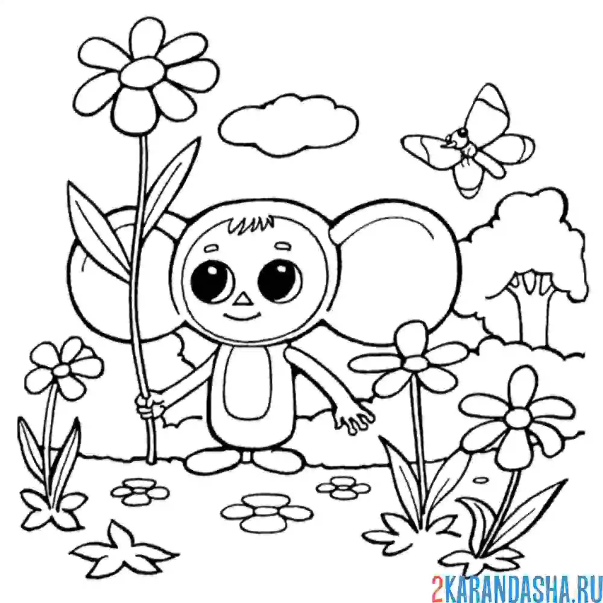 Раскраска чебурашка в лесу